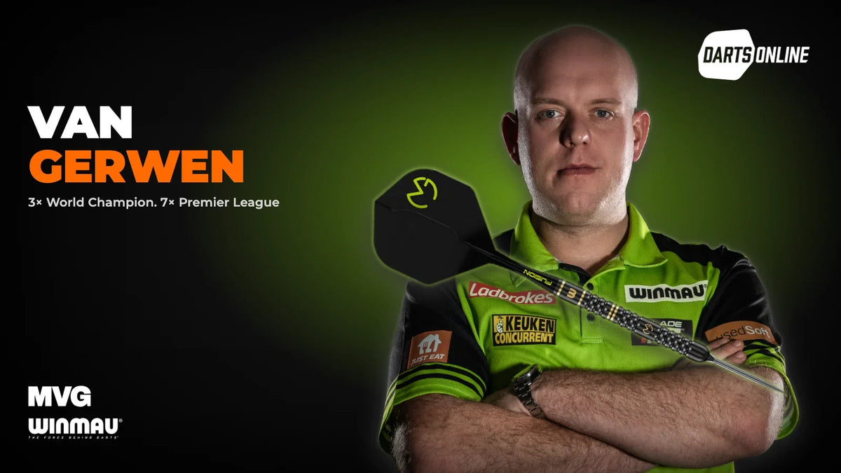 Michael van Gerwen with the Winmau MvG W-Max steel tip dart across his chest