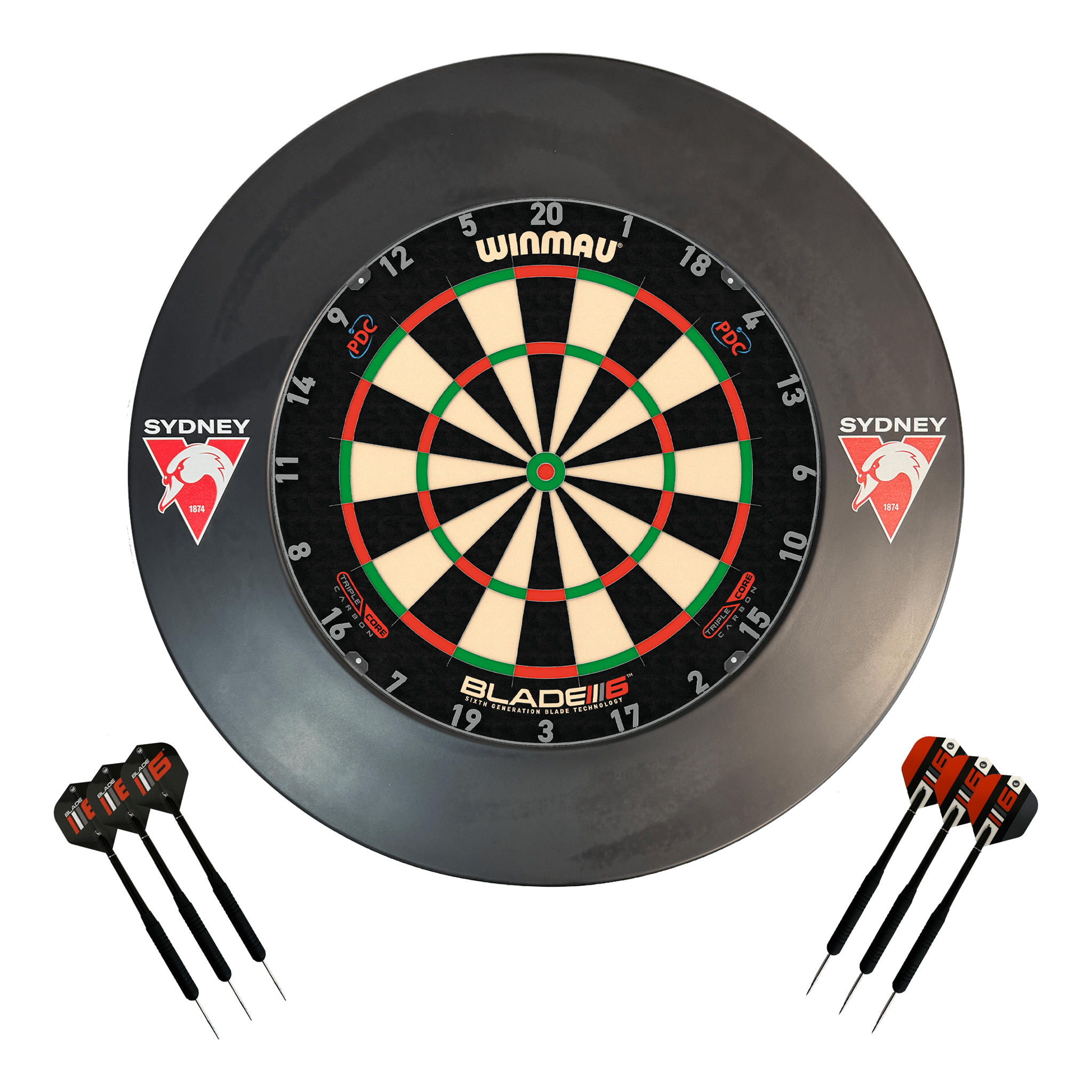 AFL Blade 6 Dartboard, Official AFL Surround & Darts - Complete Darts Set Blade 6 Triple Core / Sydney Swans Boards