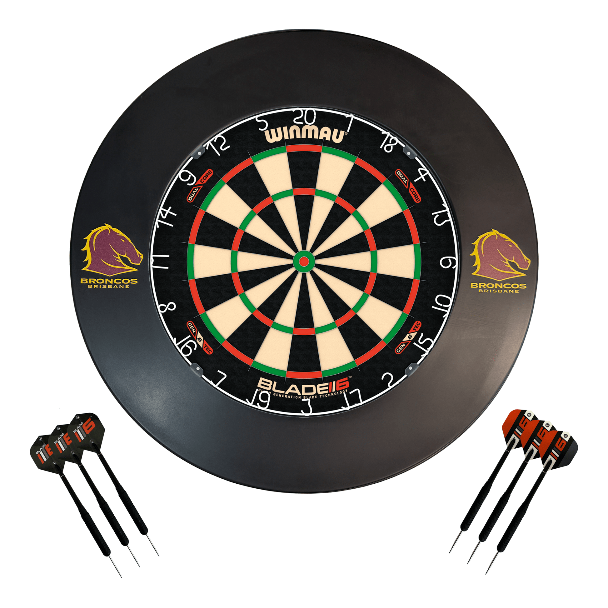 NRL Blade 6 Dartboard, Official NRL Surround & Darts - Complete Darts Set Blade 6 Dual Core / Brisbane Broncos Boards