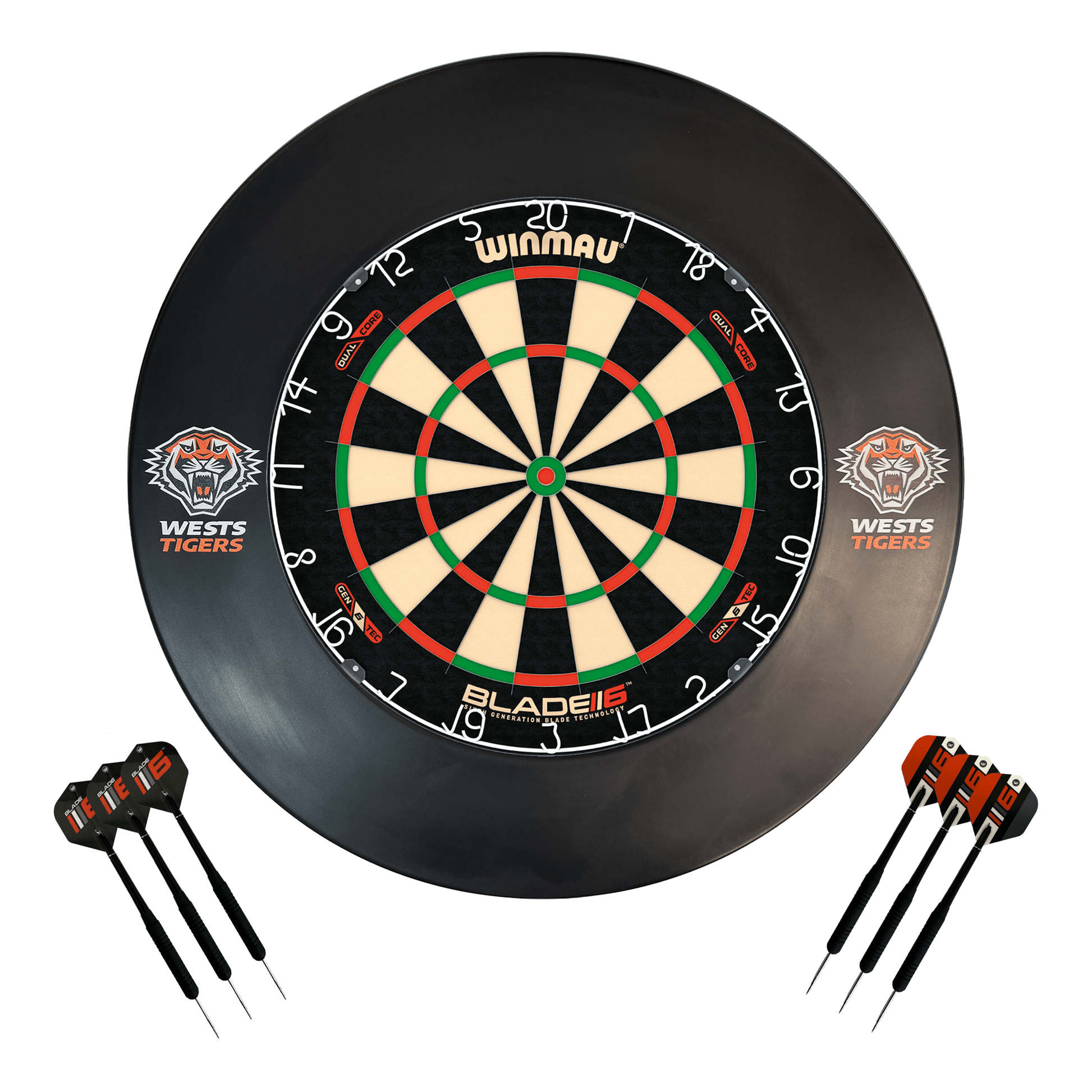 NRL Blade 6 Dartboard, Official NRL Surround & Darts - Complete Darts Set Blade 6 Dual Core / West Sydney Tigers Boards