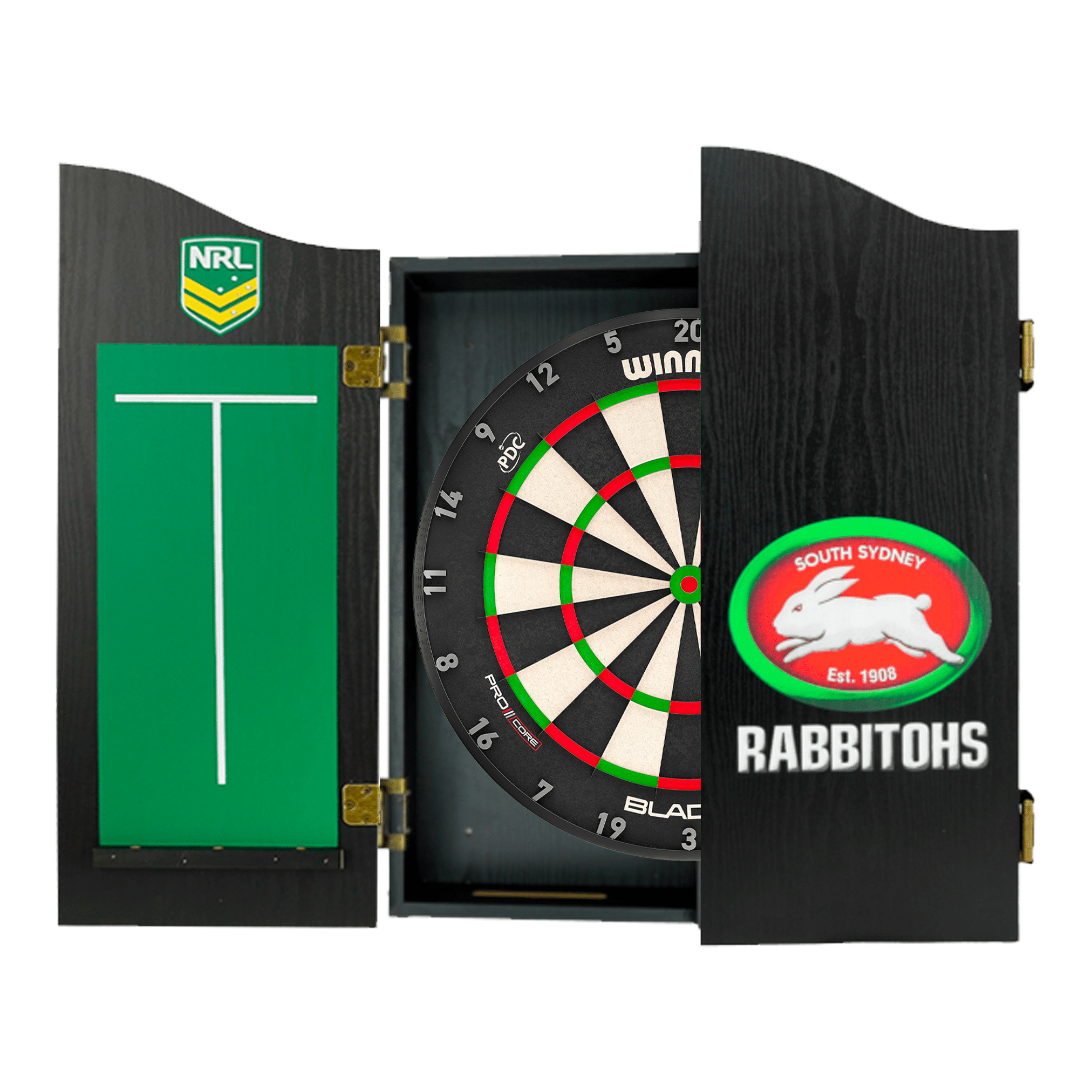NRL Blade X Dartboard, Official NRL Cabinet & Darts - Complete Darts Set Blade X / South Sydney Rabbitohs Boards