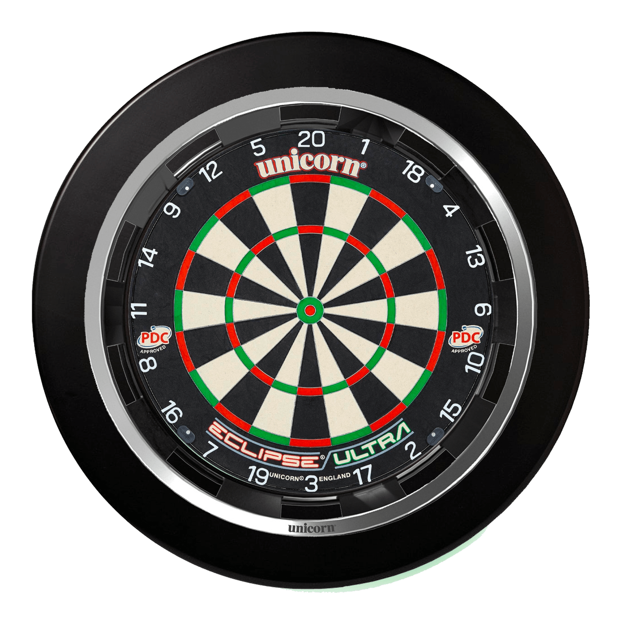 Unicorn Eclipse Ultra Dartboard, Surround & Solar Flare Light Bundle Ultra / Black / Solar Flare Boards