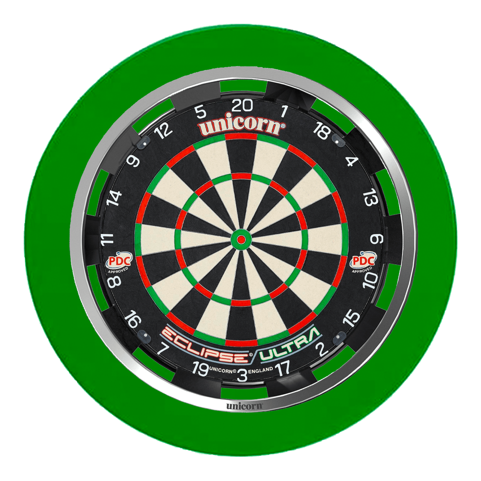 Unicorn Eclipse Ultra Dartboard, Surround & Solar Flare Light Bundle Ultra / Green / Solar Flare Boards