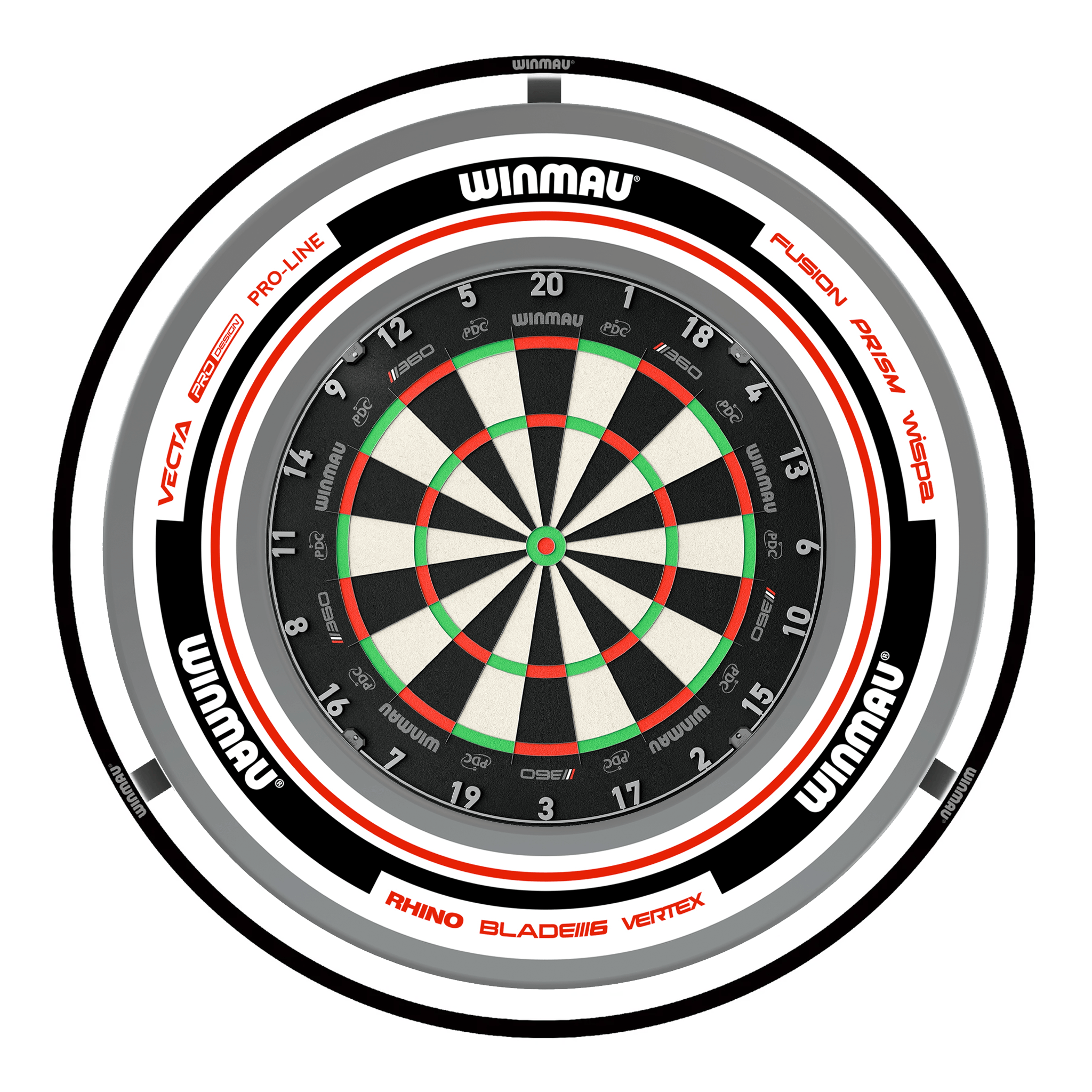 Winmau Blade 360 Dartboard, Surround & Black Plasma Light Bundle Blade 360 / Advance White/Red / Winmau Plasma Black Boards