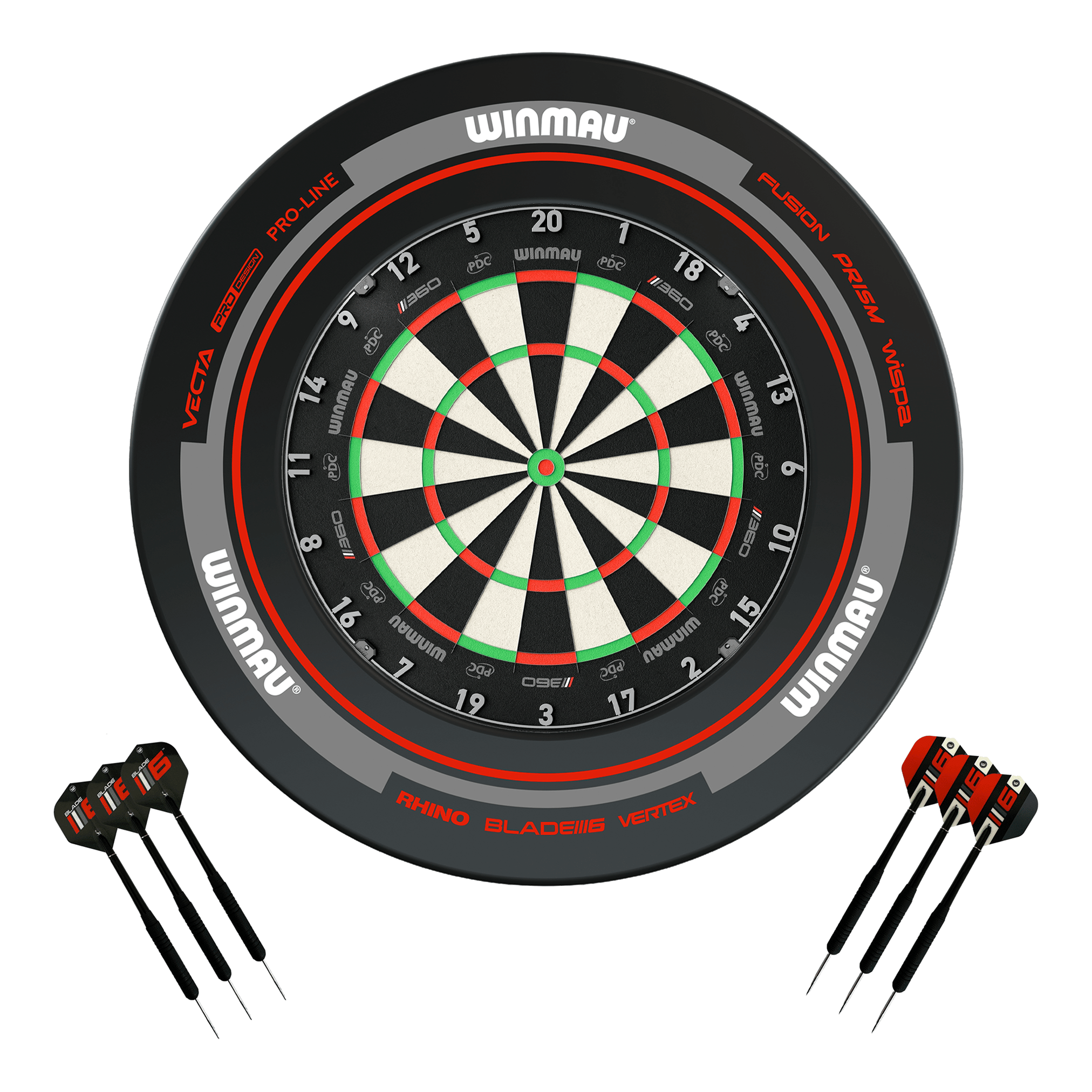 Winmau Blade 360 Dartboard, Surround & Darts - Complete Darts Set Blade 360 / Advance Black/Red Boards