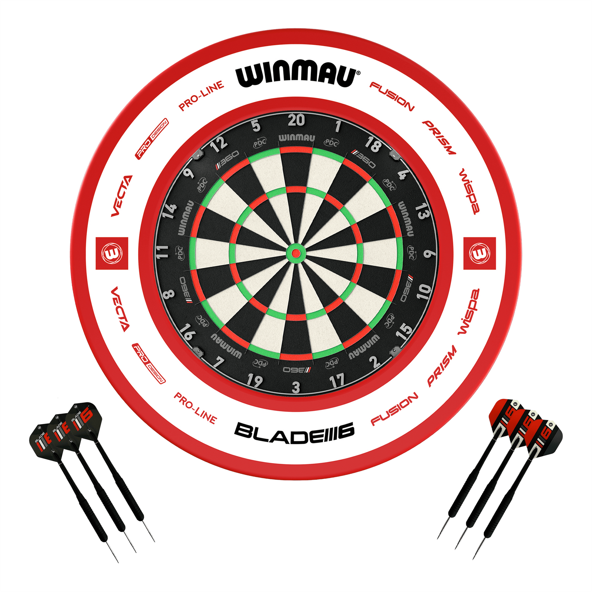 Winmau Blade 360 Dartboard, Surround & Darts - Complete Darts Set Blade 360 / Pro 2.0 Red Boards