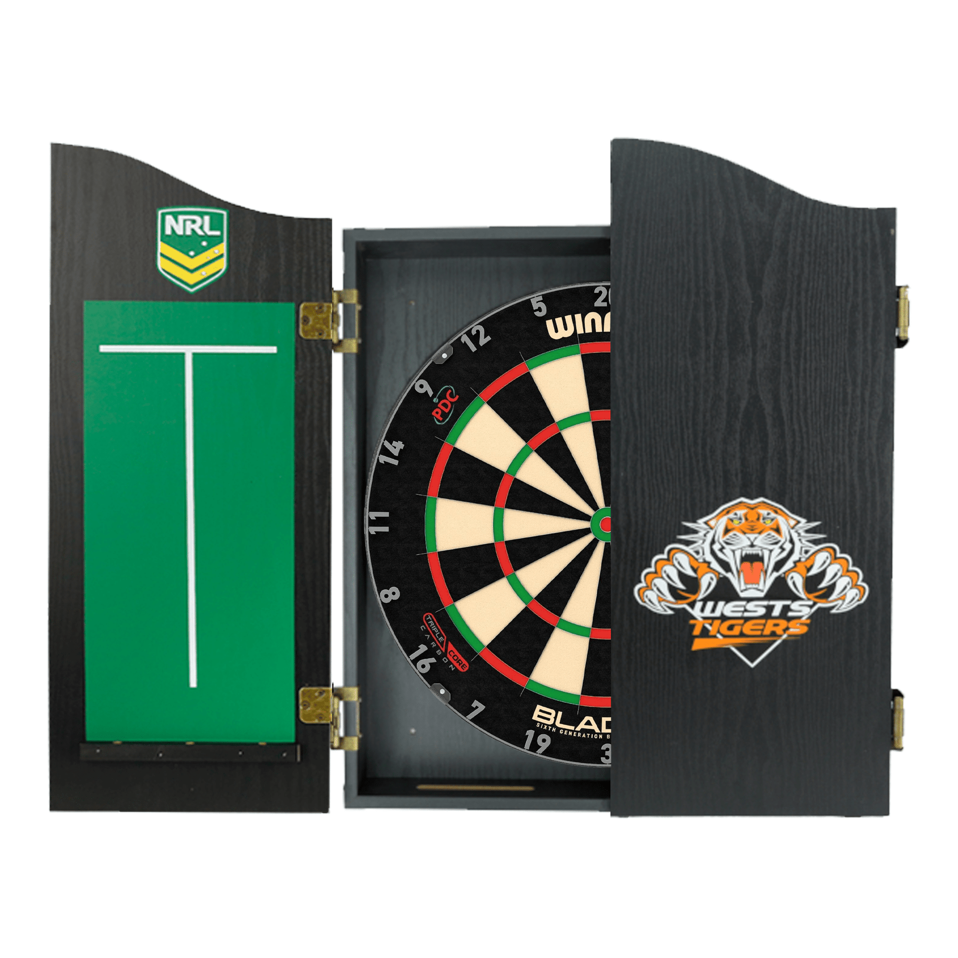 Winmau Blade 6 Dartboard, Official NRL Cabinet & Darts - Complete Darts Set Boards