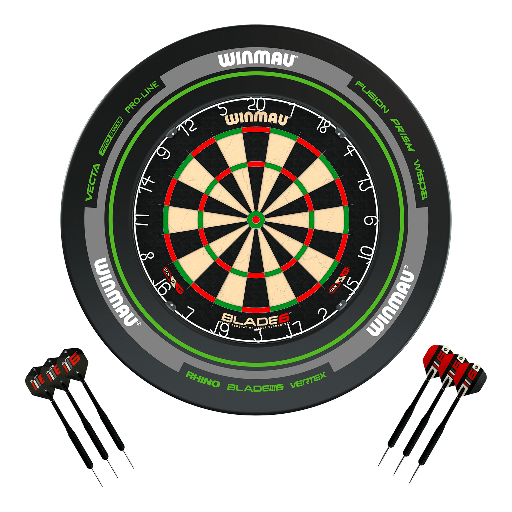Winmau Blade 6 Dartboard, Surround & Darts - Complete Darts Set Blade 6 / Advance Black/Green Boards
