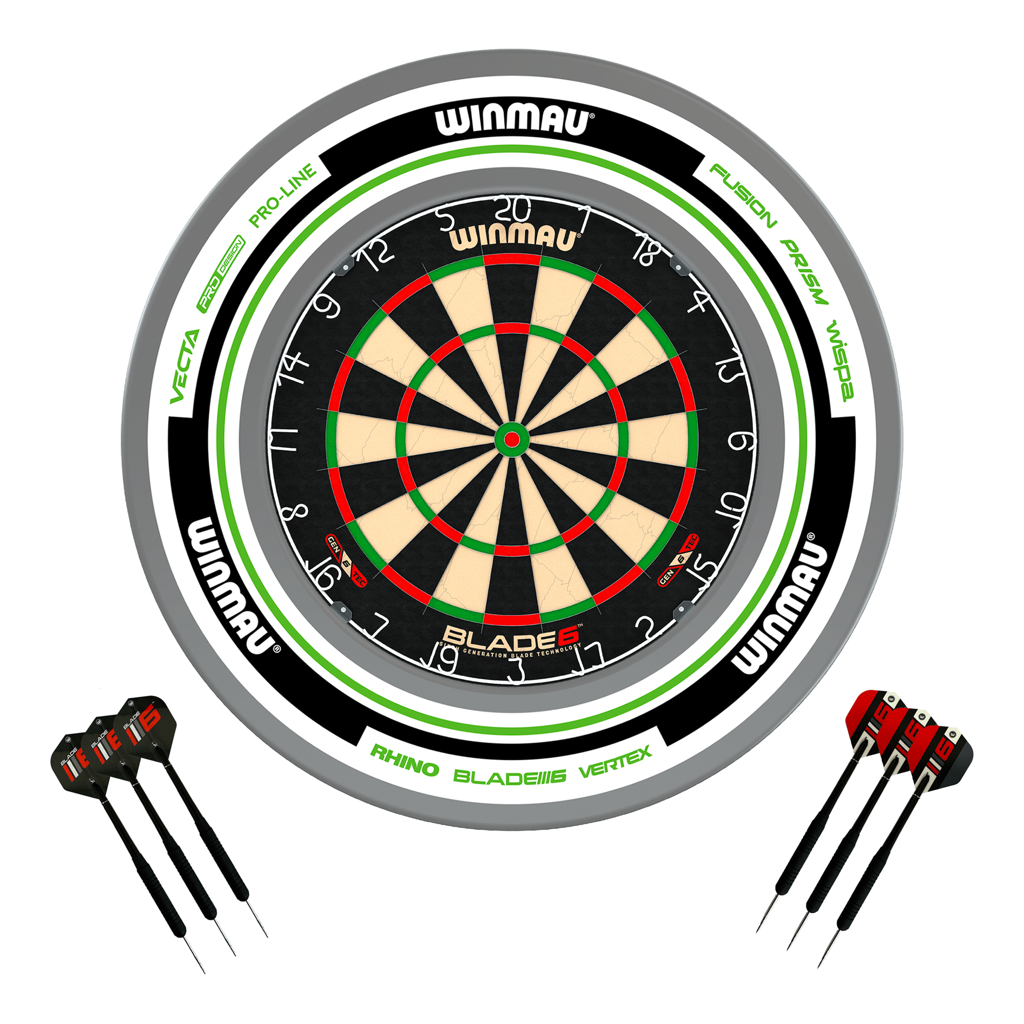Winmau Blade 6 Dartboard, Surround & Darts - Complete Darts Set Blade 6 / Advance White/Green Boards