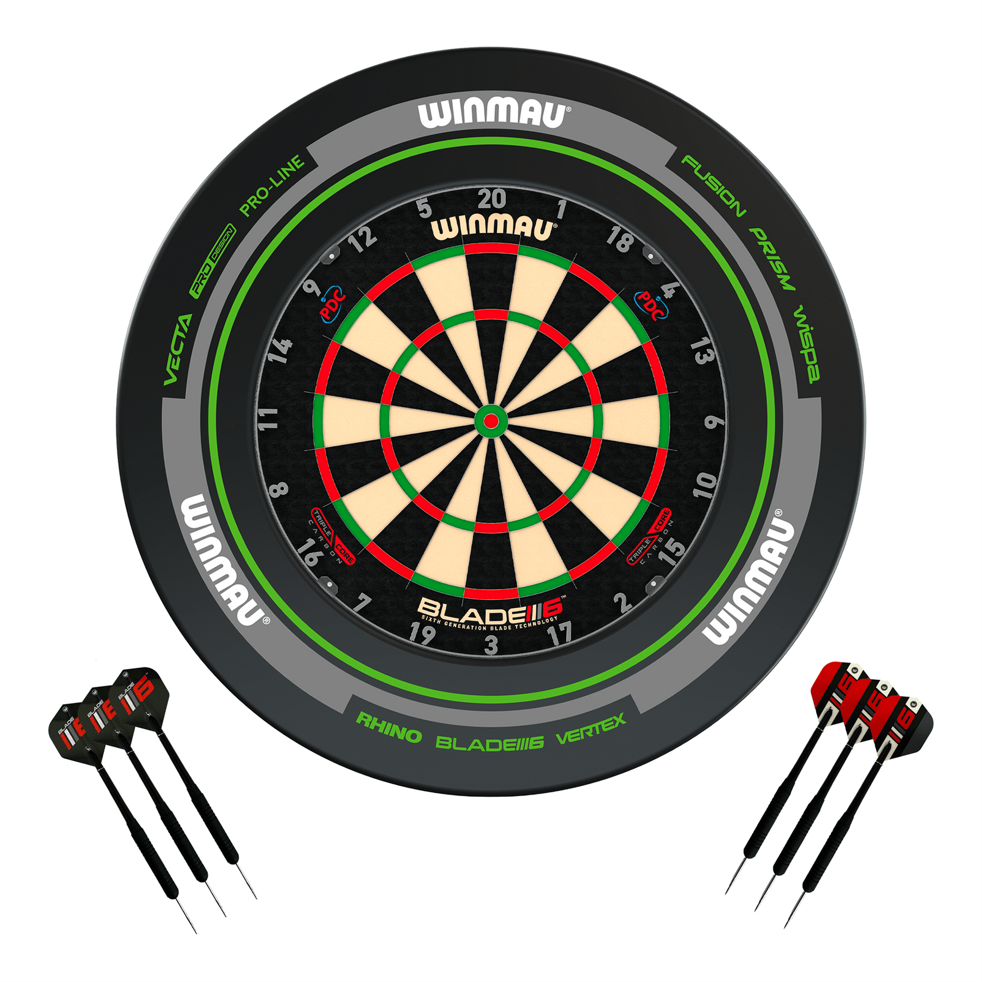 Winmau Blade 6 Dartboard, Surround & Darts - Complete Darts Set Blade 6 Triple Core / Advance Black/Green Boards