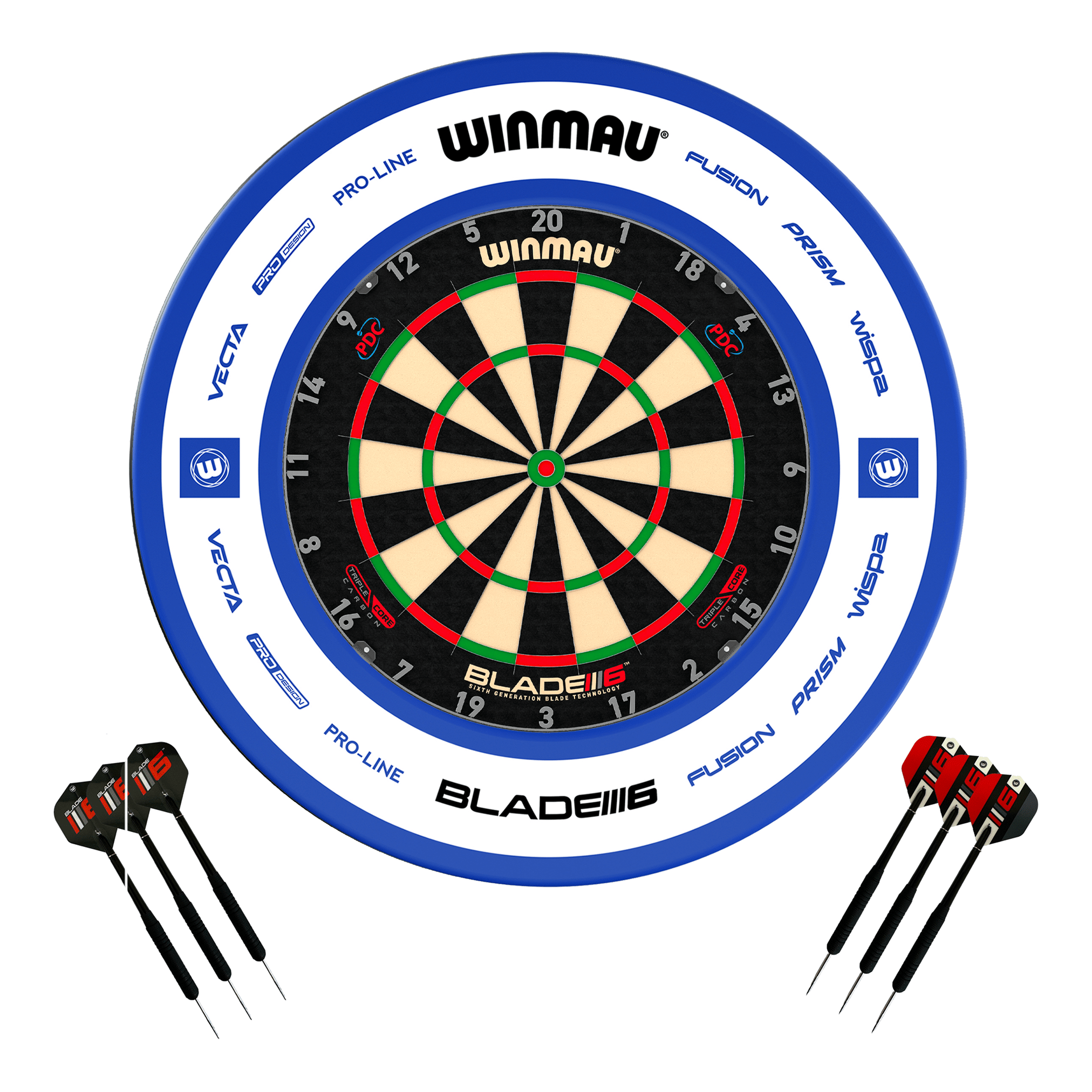 Winmau Blade 6 Dartboard, Surround & Darts - Complete Darts Set Blade 6 Triple Core / Pro 2.0 Blue Boards