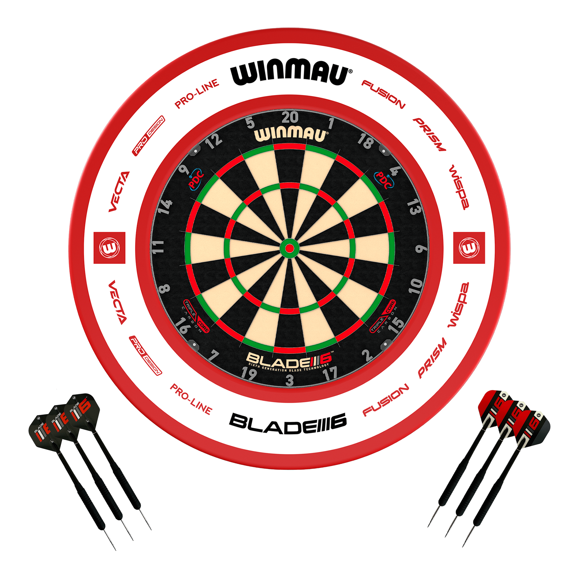 Winmau Blade 6 Dartboard, Surround & Darts - Complete Darts Set Blade 6 Triple Core / Pro 2.0 Red Boards