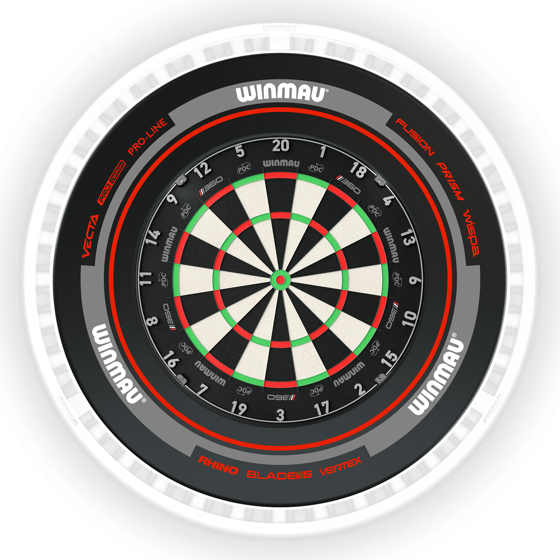 Winmau Blade 6 Dartboard, Surround & Ice White Plasma Light Bundle Blade 360 / Advance Black/Red / Winmau Plasma Ice White Boards