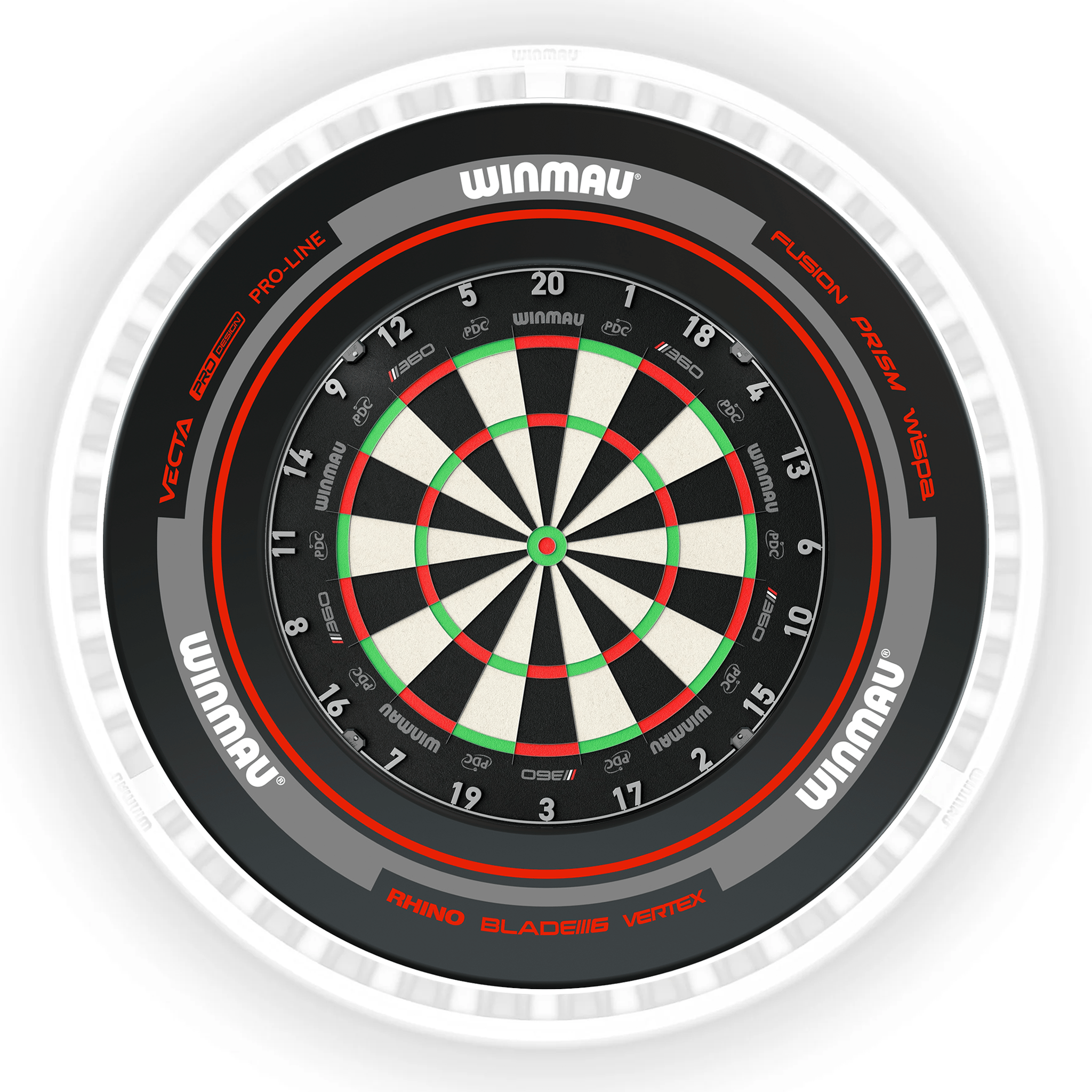 Winmau Blade 6 Dartboard, Surround & Ice White Plasma Light Bundle Blade 360 / Advance Black/Red / Winmau Plasma Ice White Boards
