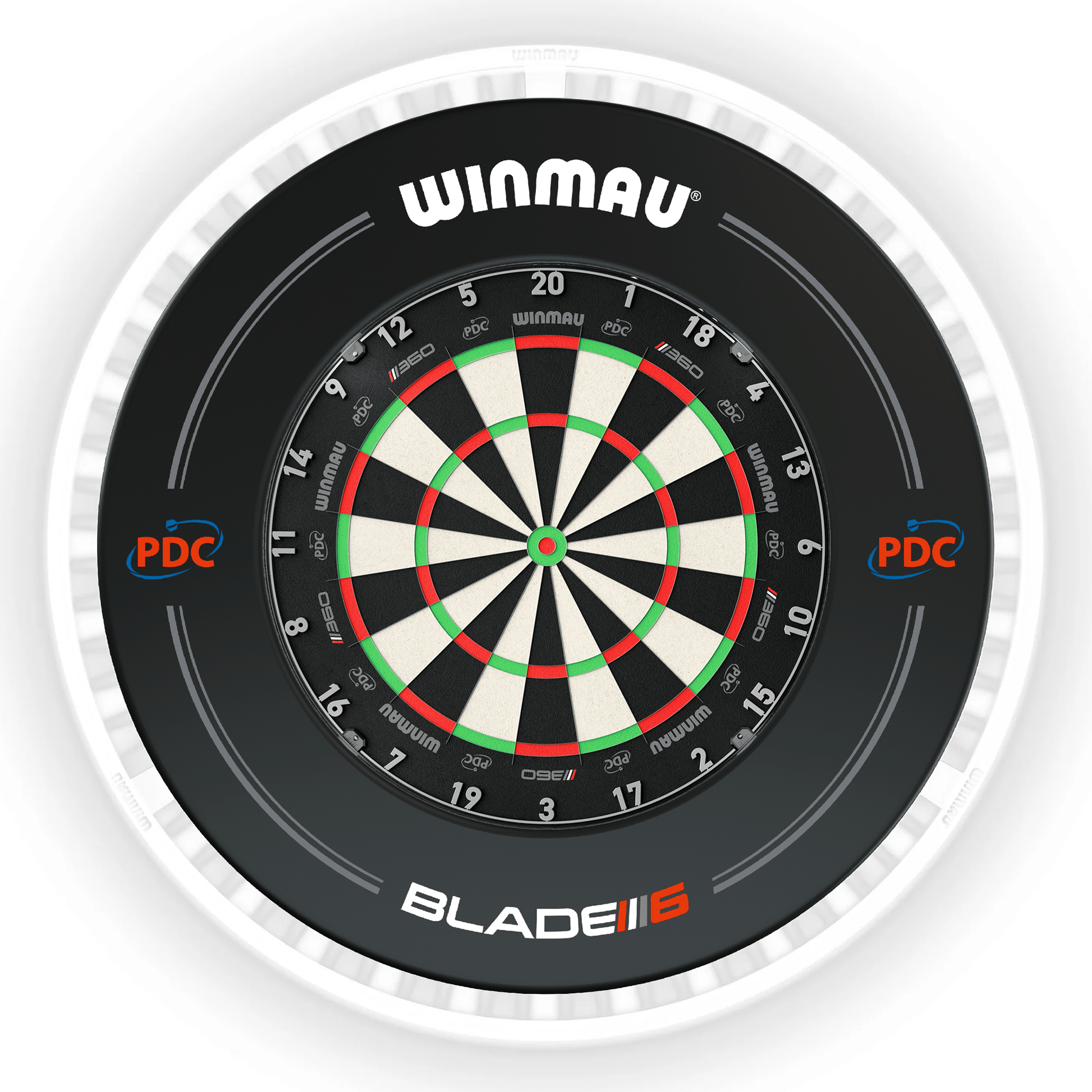 Winmau Blade 6 Dartboard, Surround & Ice White Plasma Light Bundle Blade 360 / PDC Black / Winmau Plasma Ice White Boards
