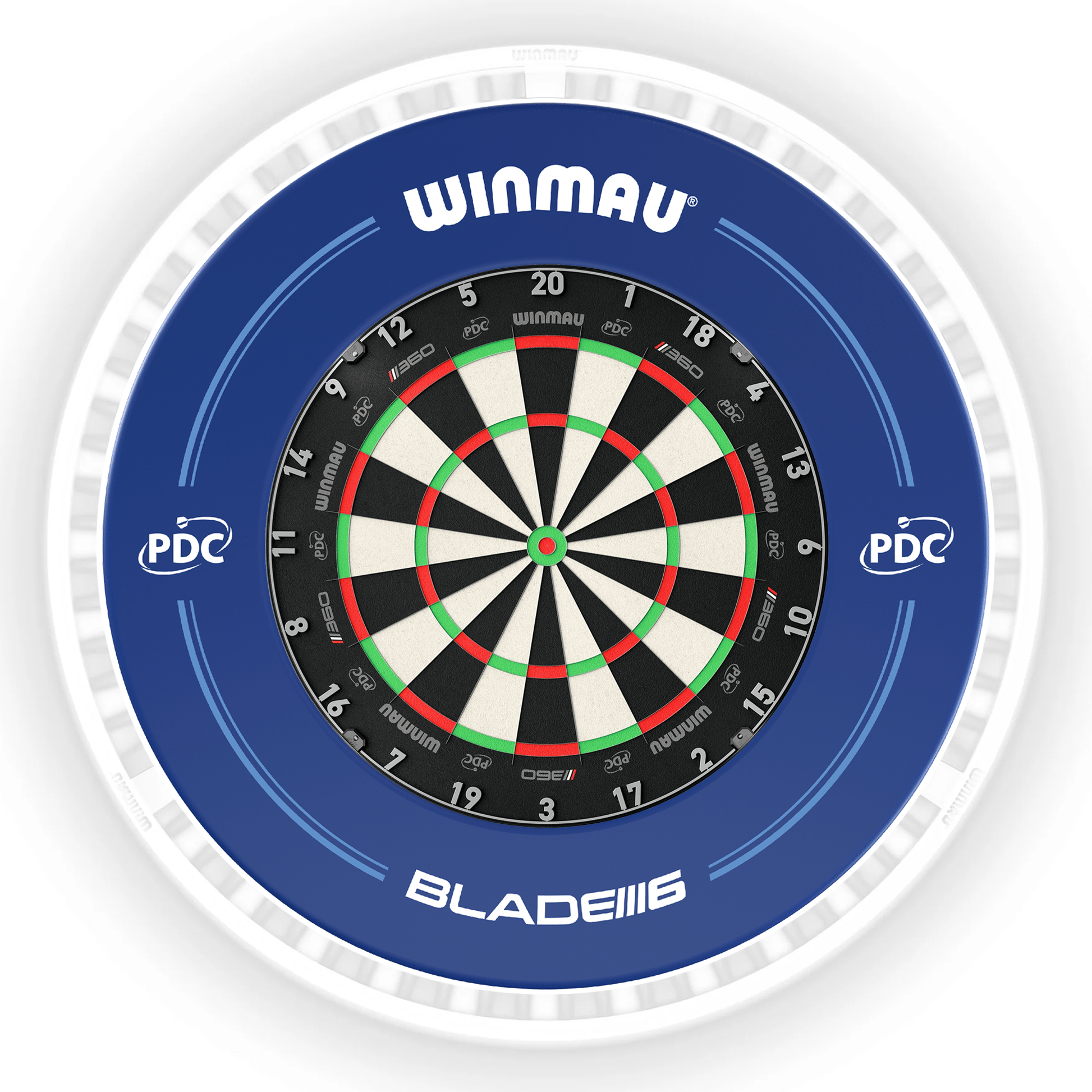 Winmau Blade 6 Dartboard, Surround & Ice White Plasma Light Bundle Blade 360 / PDC Blue / Winmau Plasma Ice White Boards