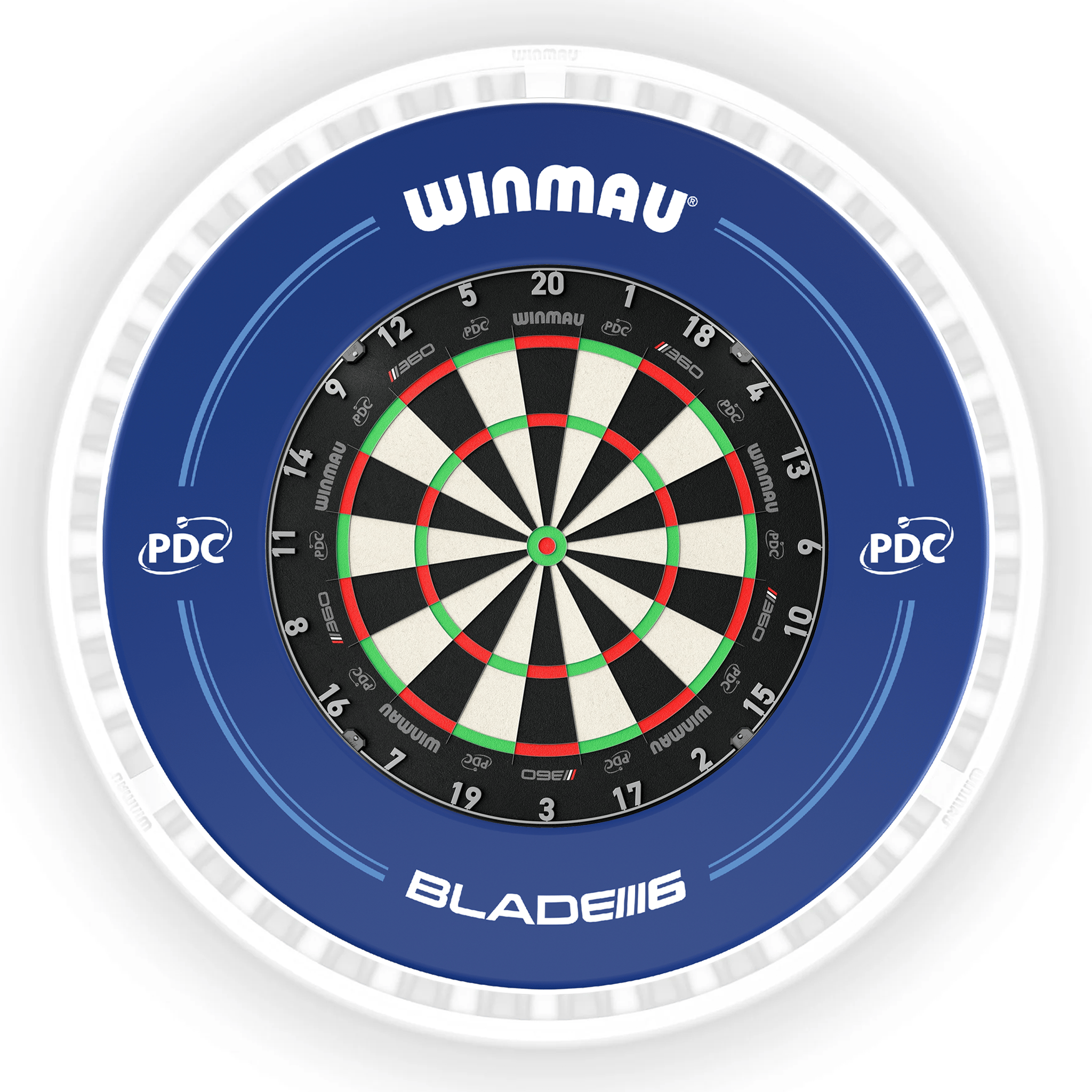 Winmau Blade 6 Dartboard, Surround & Ice White Plasma Light Bundle Blade 360 / PDC Blue / Winmau Plasma Ice White Boards