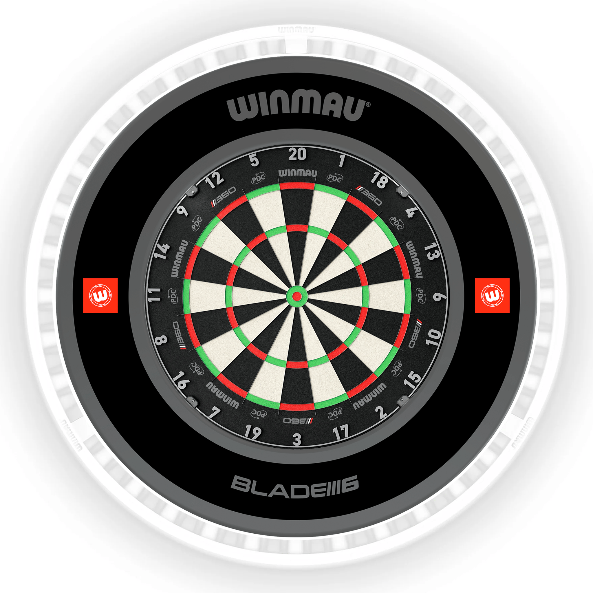 Winmau Blade 6 Dartboard, Surround & Ice White Plasma Light Bundle Blade 360 / Pro 1.0 Black / Winmau Plasma Ice White Boards