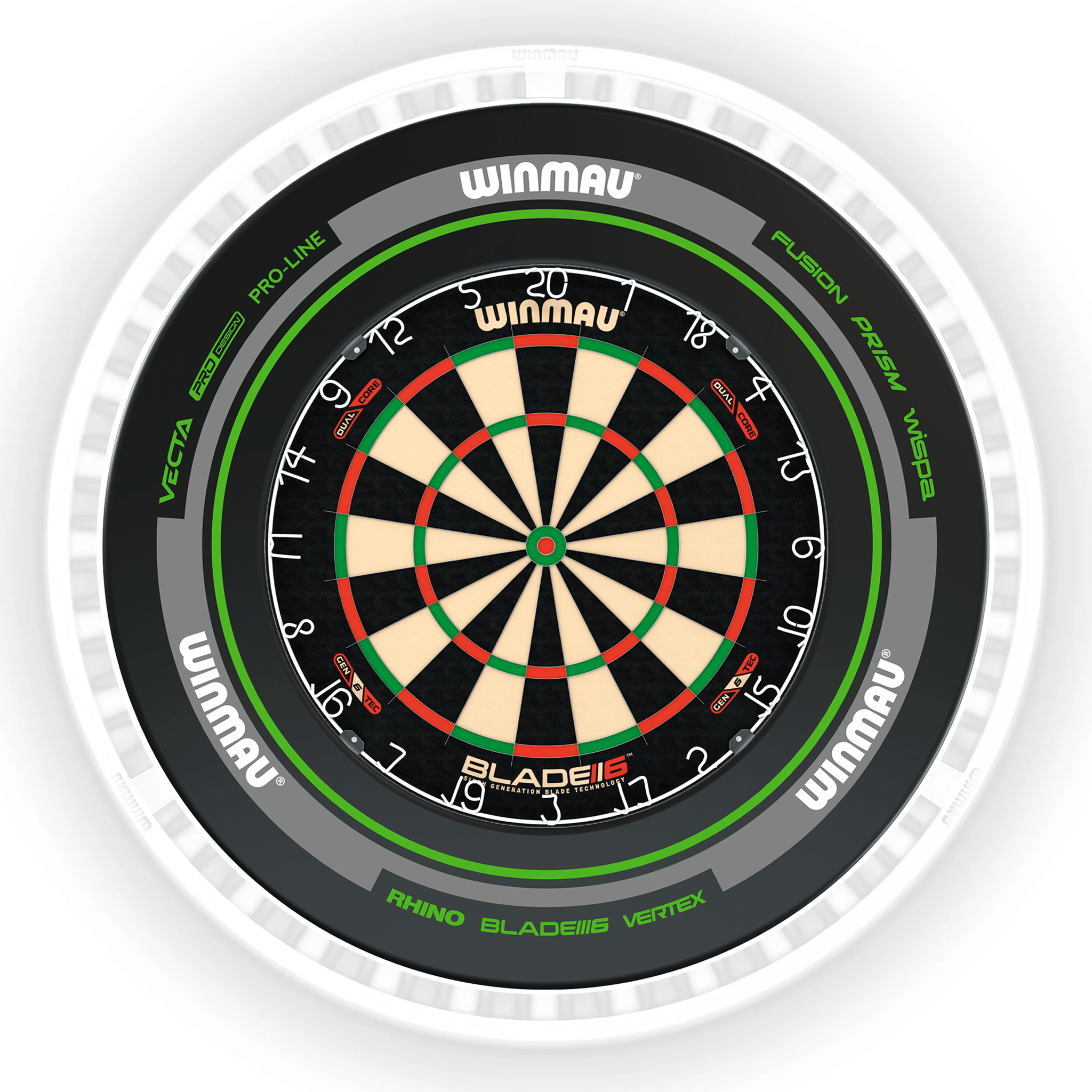 Winmau Blade 6 Dartboard, Surround & Ice White Plasma Light Bundle Blade 6 Dual Core / Advance Black/Green / Winmau Plasma Ice White Boards