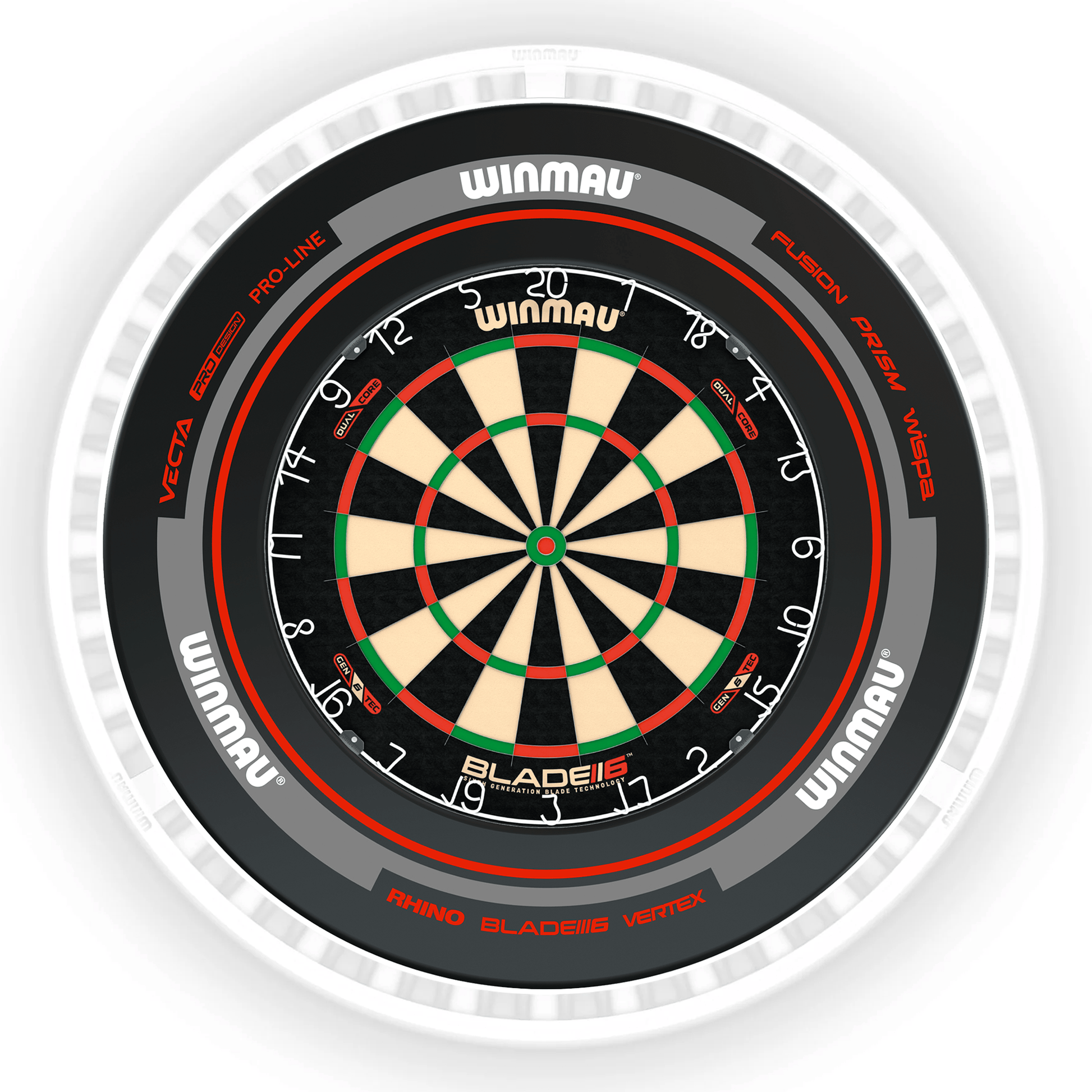 Winmau Blade 6 Dartboard, Surround & Ice White Plasma Light Bundle Blade 6 Dual Core / Advance Black/Red / Winmau Plasma Ice White Boards