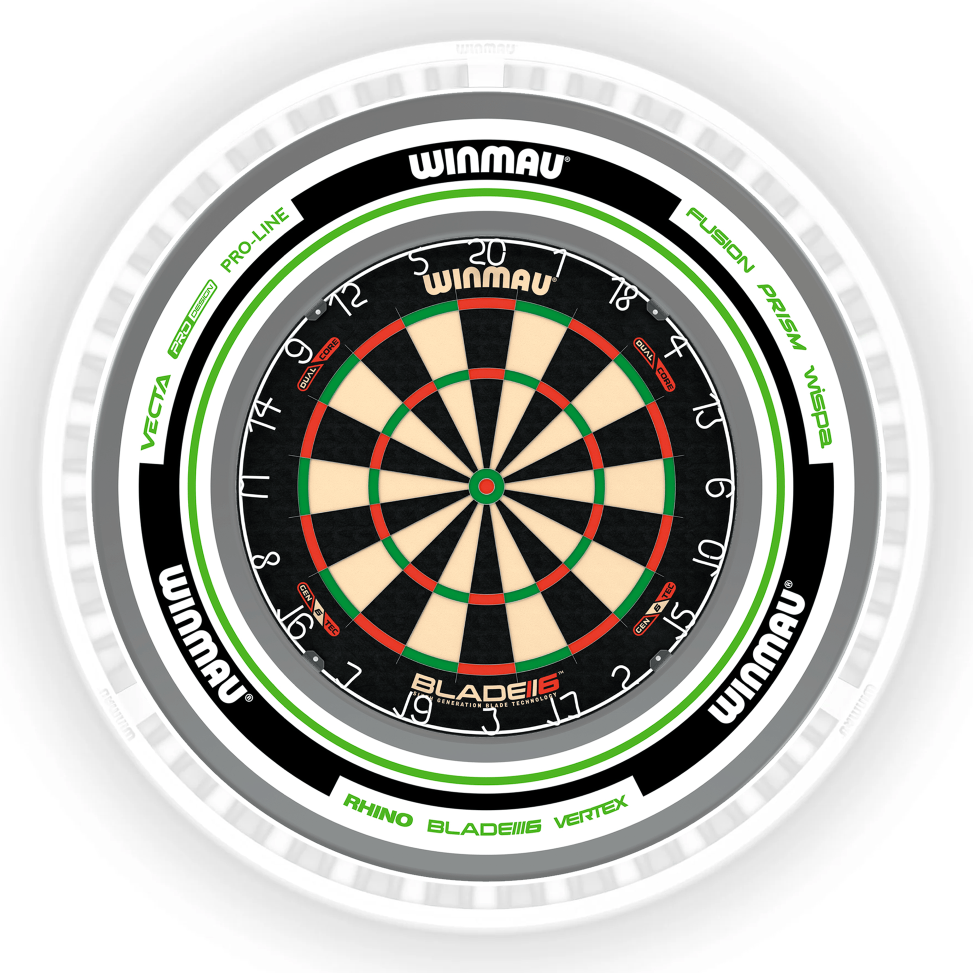 Winmau Blade 6 Dartboard, Surround & Ice White Plasma Light Bundle Blade 6 Dual Core / Advance White/Green / Winmau Plasma Ice White Boards