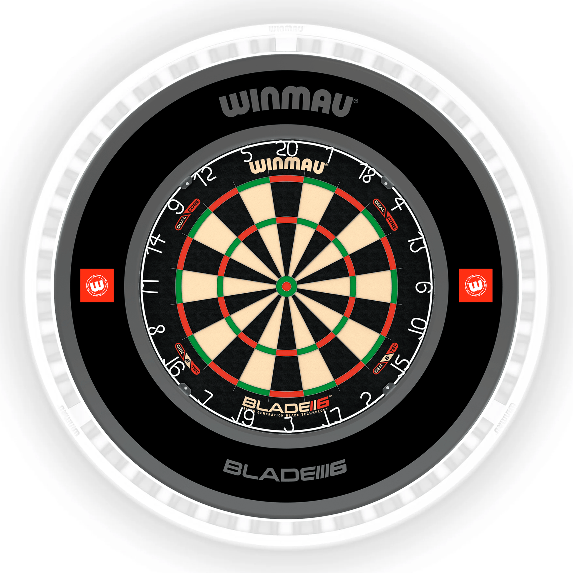 Winmau Blade 6 Dartboard, Surround & Ice White Plasma Light Bundle Blade 6 Dual Core / Pro 1.0 Black / Winmau Plasma Ice White Boards