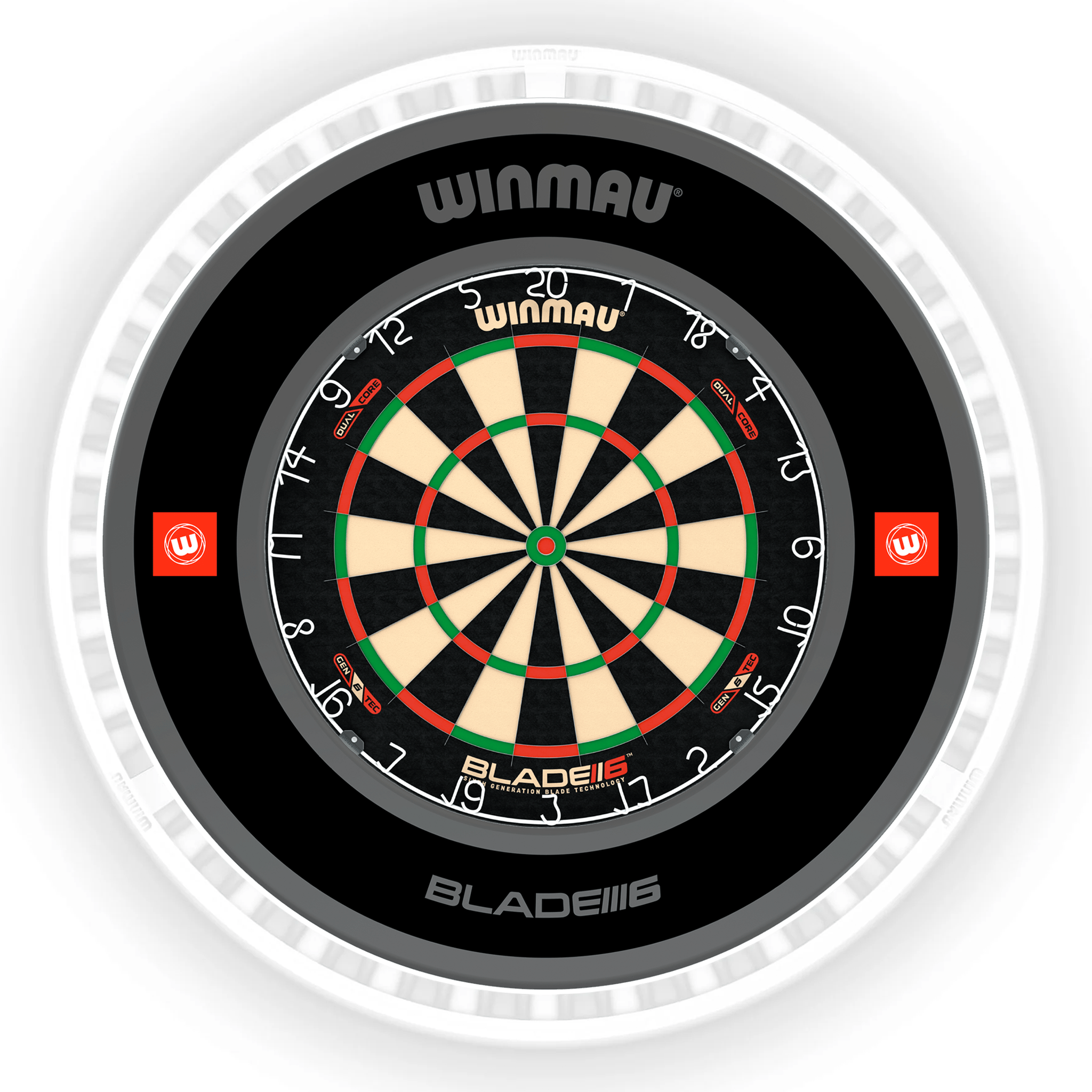 Winmau Blade 6 Dartboard, Surround & Ice White Plasma Light Bundle Blade 6 Dual Core / Pro 1.0 Black / Winmau Plasma Ice White Boards