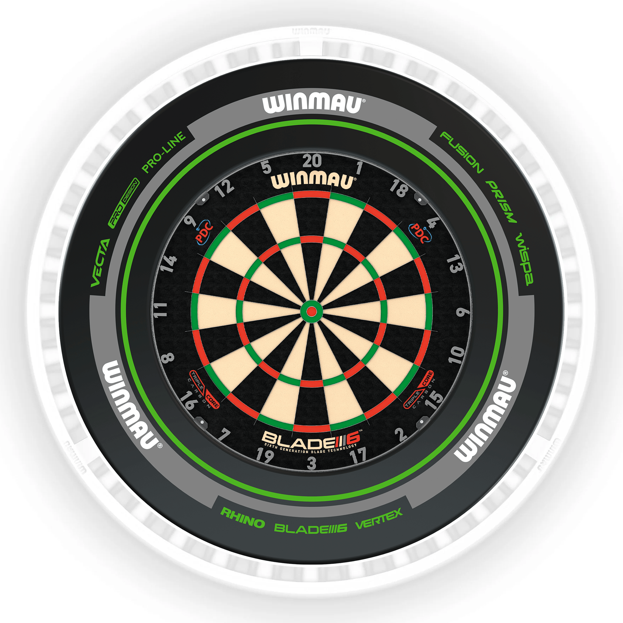 Winmau Blade 6 Dartboard, Surround & Ice White Plasma Light Bundle Blade 6 Triple Core / Advance Black/Green / Winmau Plasma Ice White Boards
