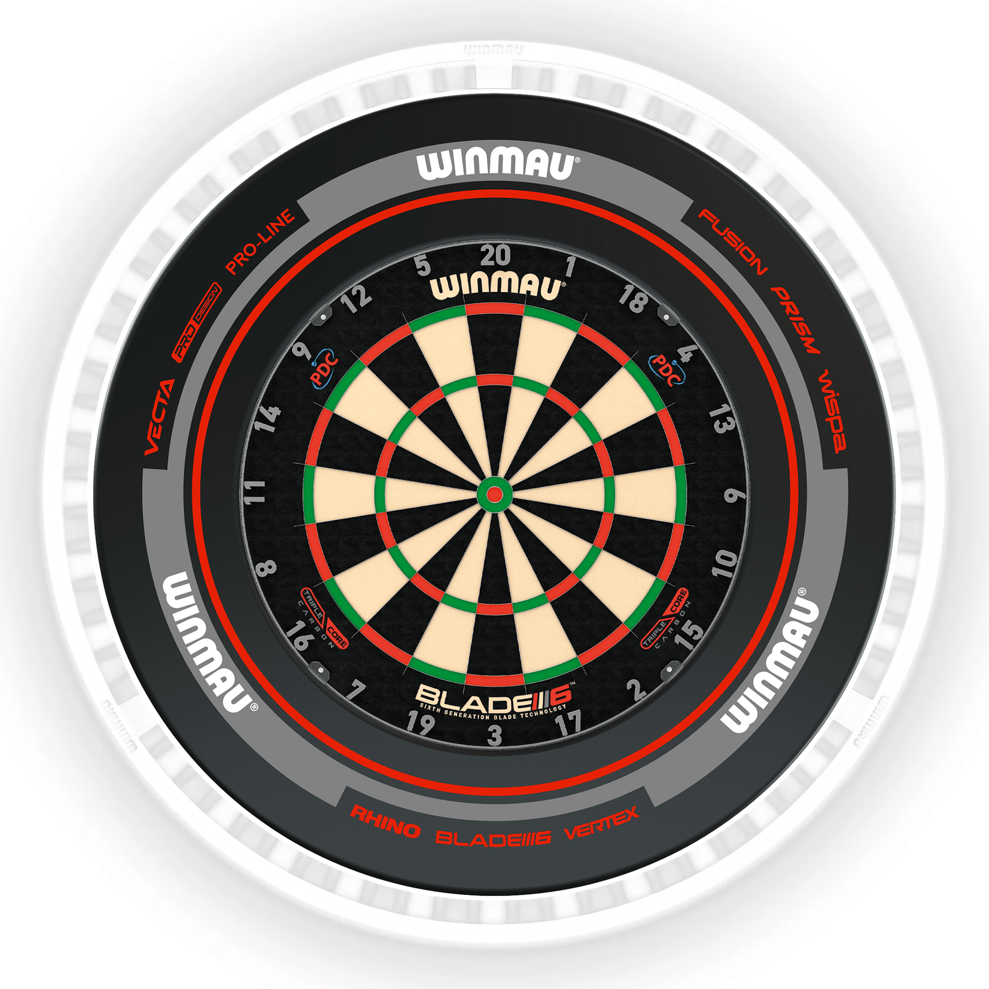 Winmau Blade 6 Dartboard, Surround & Ice White Plasma Light Bundle Blade 6 Triple Core / Advance Black/Red / Winmau Plasma Ice White Boards