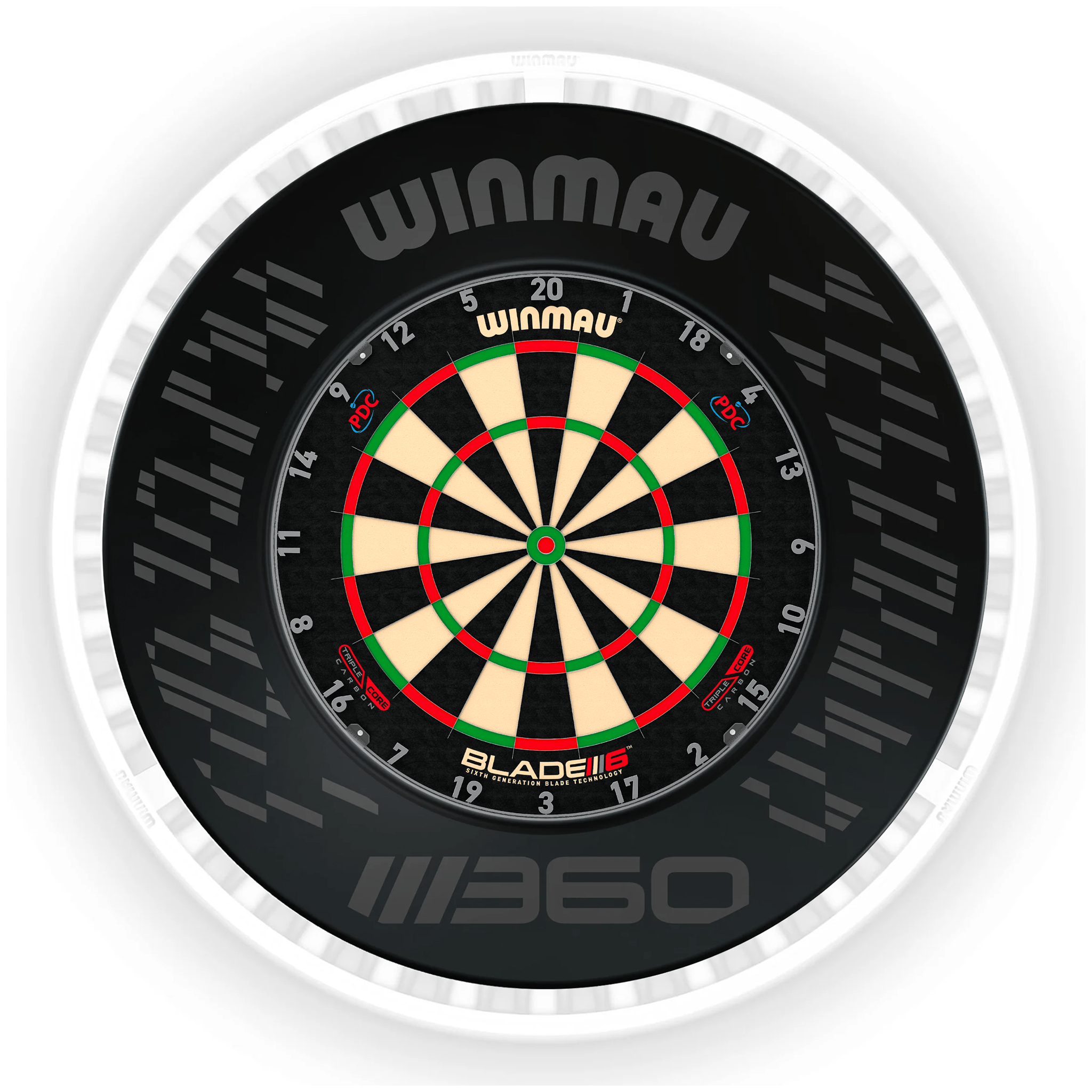 Winmau Blade 6 Dartboard, Surround & Ice White Plasma Light Bundle Blade 6 Triple Core / Blade 360 / Winmau Plasma Ice White Boards