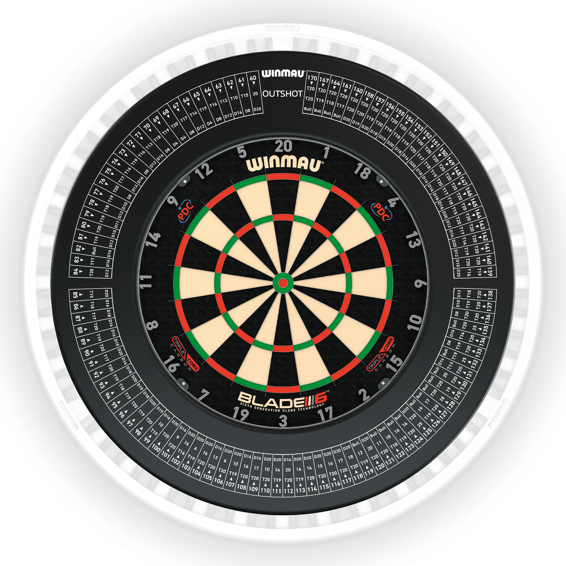 Winmau Blade 6 Dartboard, Surround & Ice White Plasma Light Bundle Blade 6 Triple Core / Out Shot / Winmau Plasma Ice White Boards