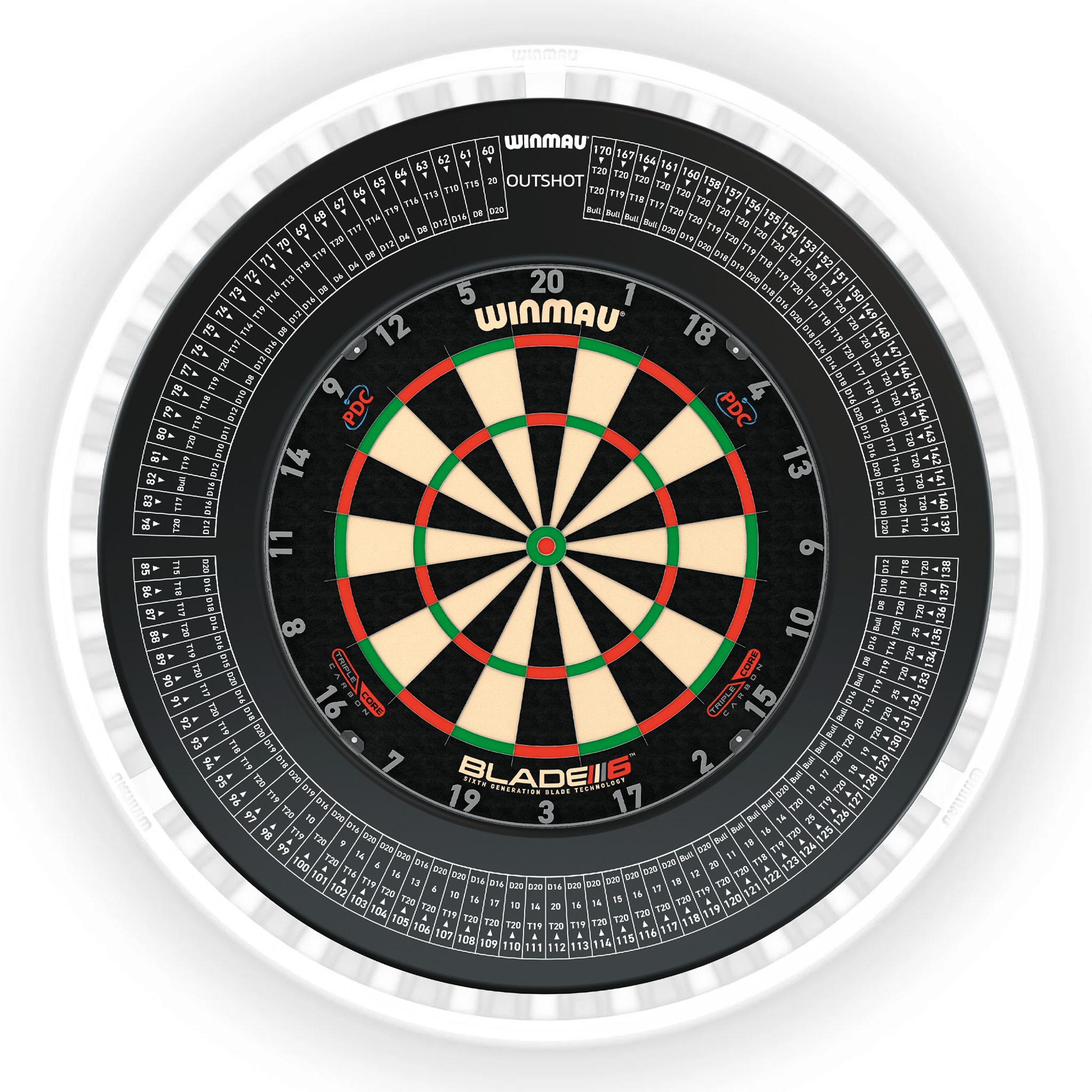 Winmau Blade 6 Dartboard, Surround & Ice White Plasma Light Bundle Blade 6 Triple Core / Out Shot / Winmau Plasma Ice White Boards