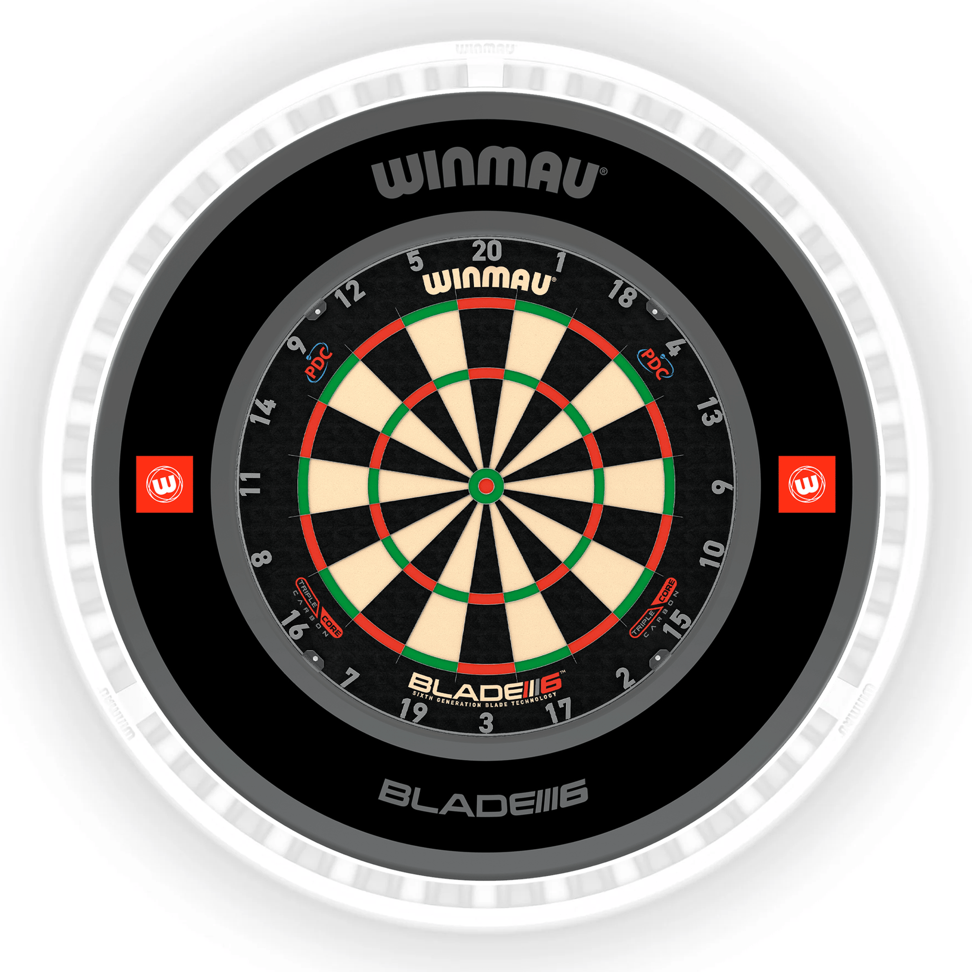 Winmau Blade 6 Dartboard, Surround & Ice White Plasma Light Bundle Blade 6 Triple Core / Pro 1.0 Black / Winmau Plasma Ice White Boards