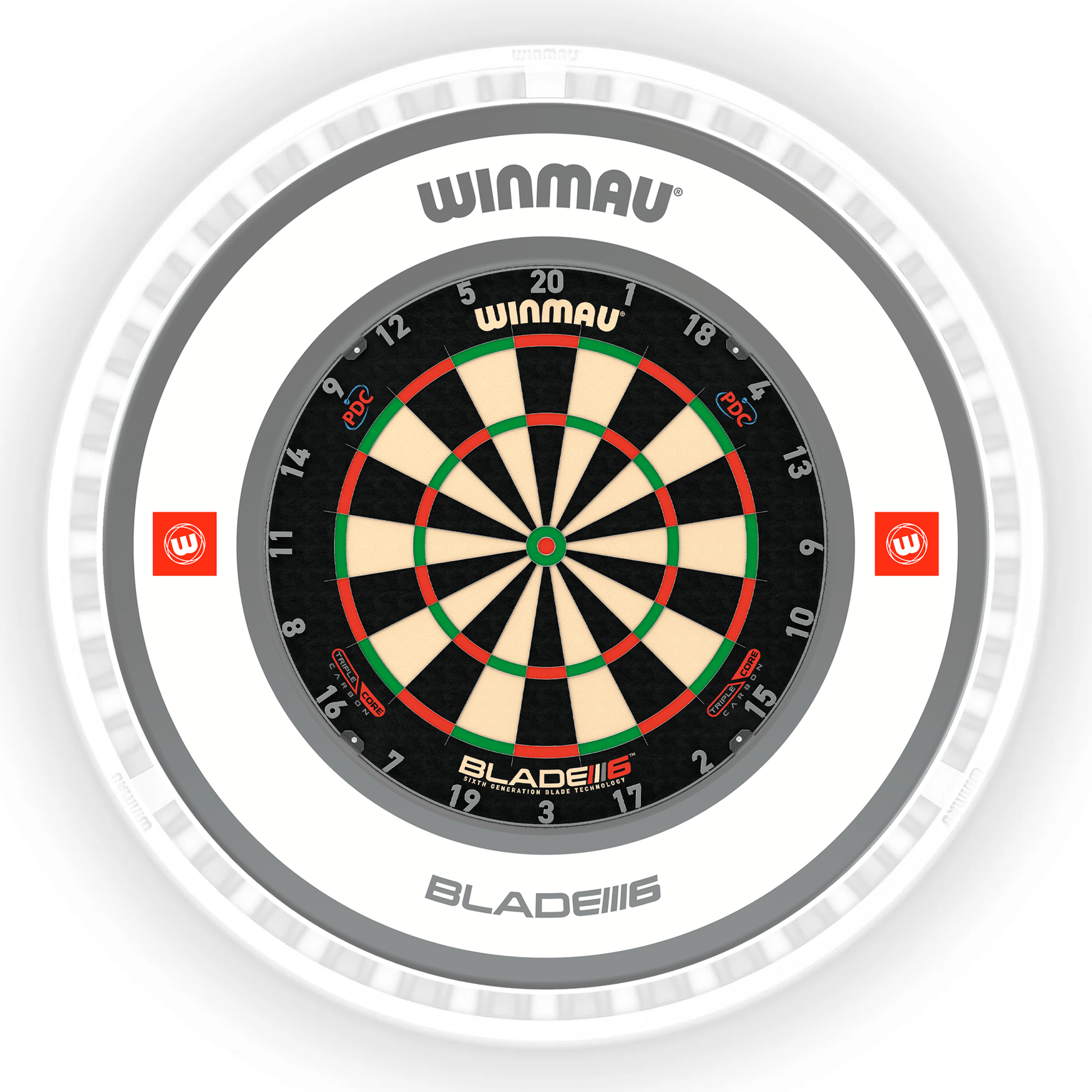 Winmau Blade 6 Dartboard, Surround & Ice White Plasma Light Bundle Blade 6 Triple Core / Pro 1.0 White / Winmau Plasma Ice White Boards