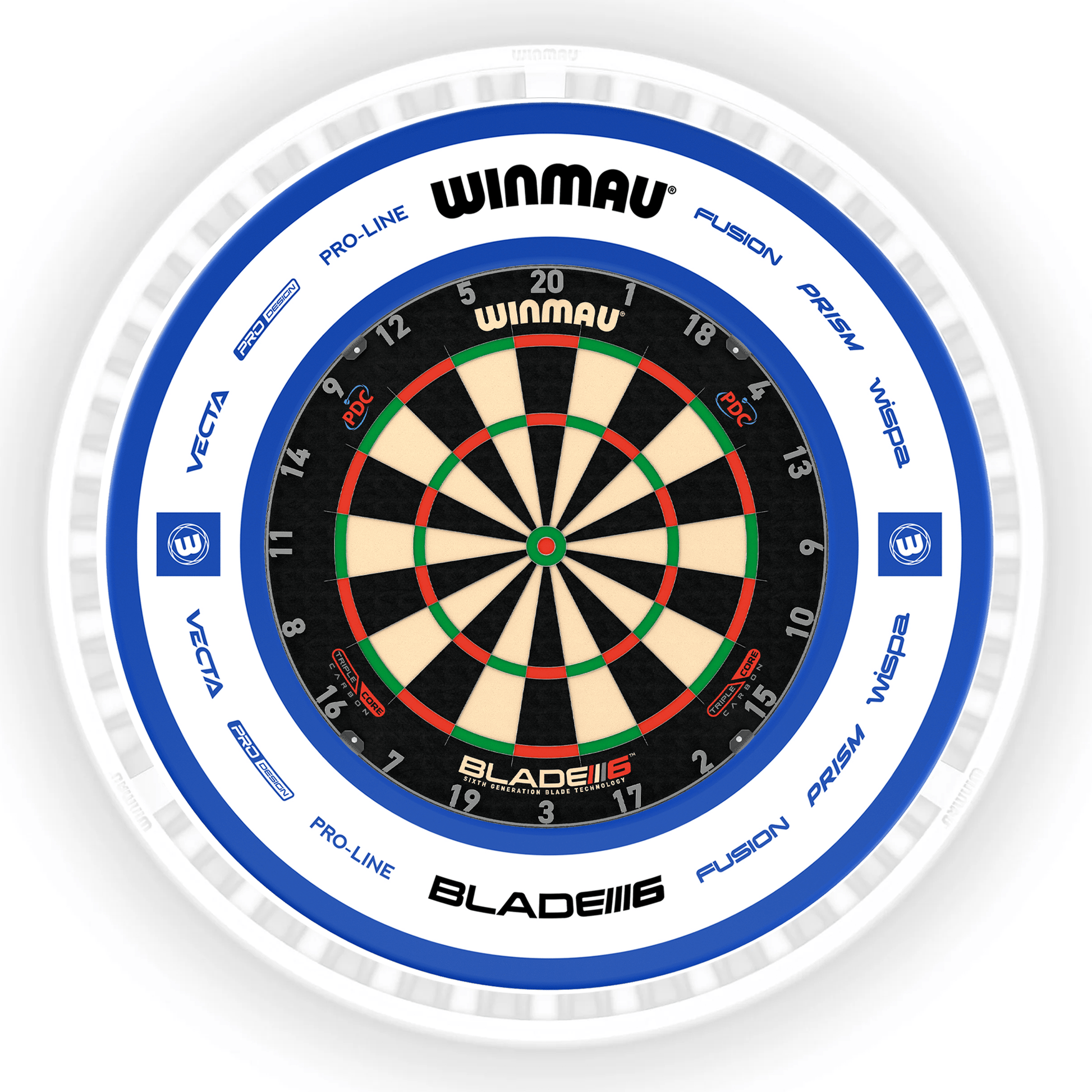 Winmau Blade 6 Dartboard, Surround & Ice White Plasma Light Bundle Blade 6 Triple Core / Pro 2.0 Blue / Winmau Plasma Ice White Boards
