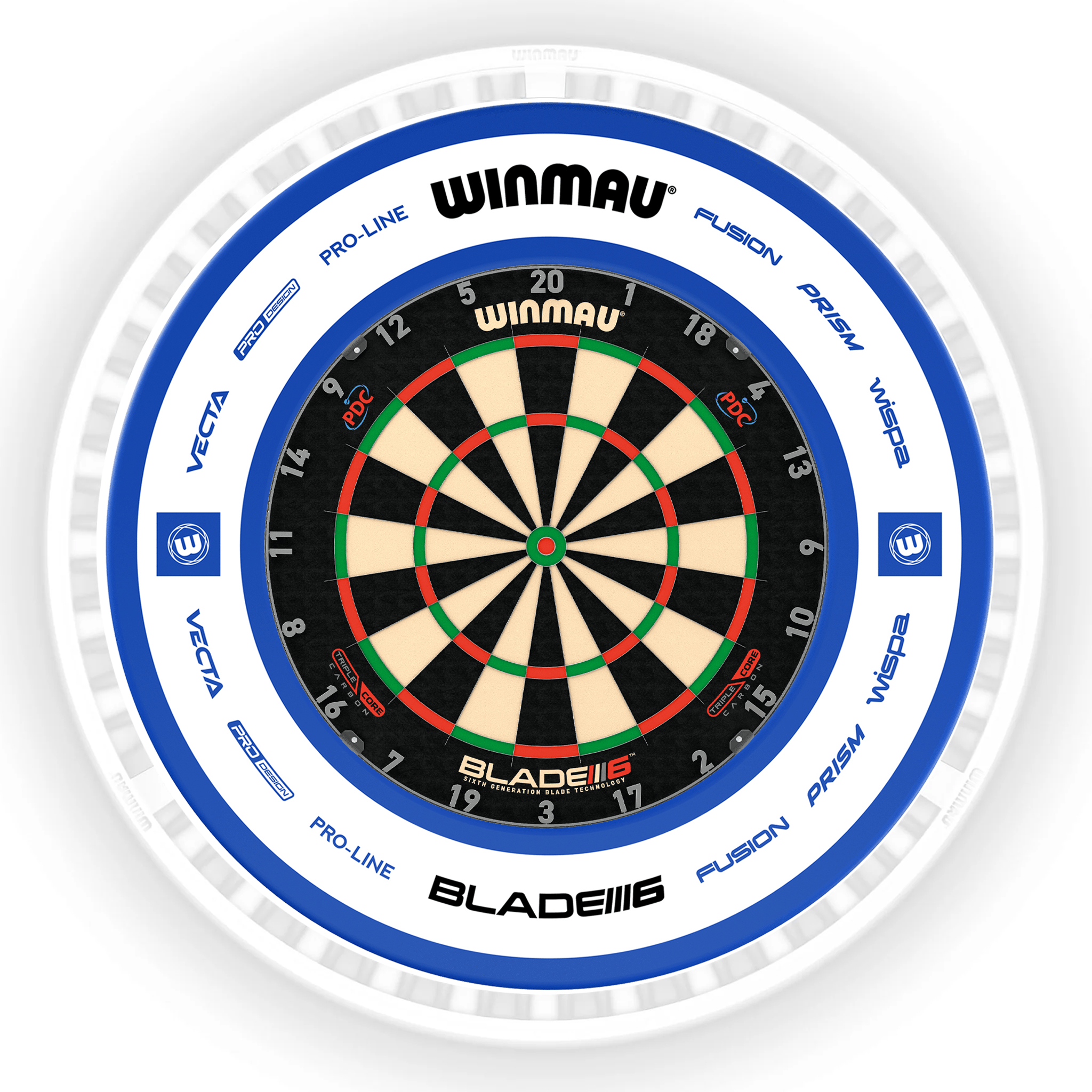 Winmau Blade 6 Dartboard, Surround & Ice White Plasma Light Bundle Blade 6 Triple Core / Pro 2.0 Blue / Winmau Plasma Ice White Boards