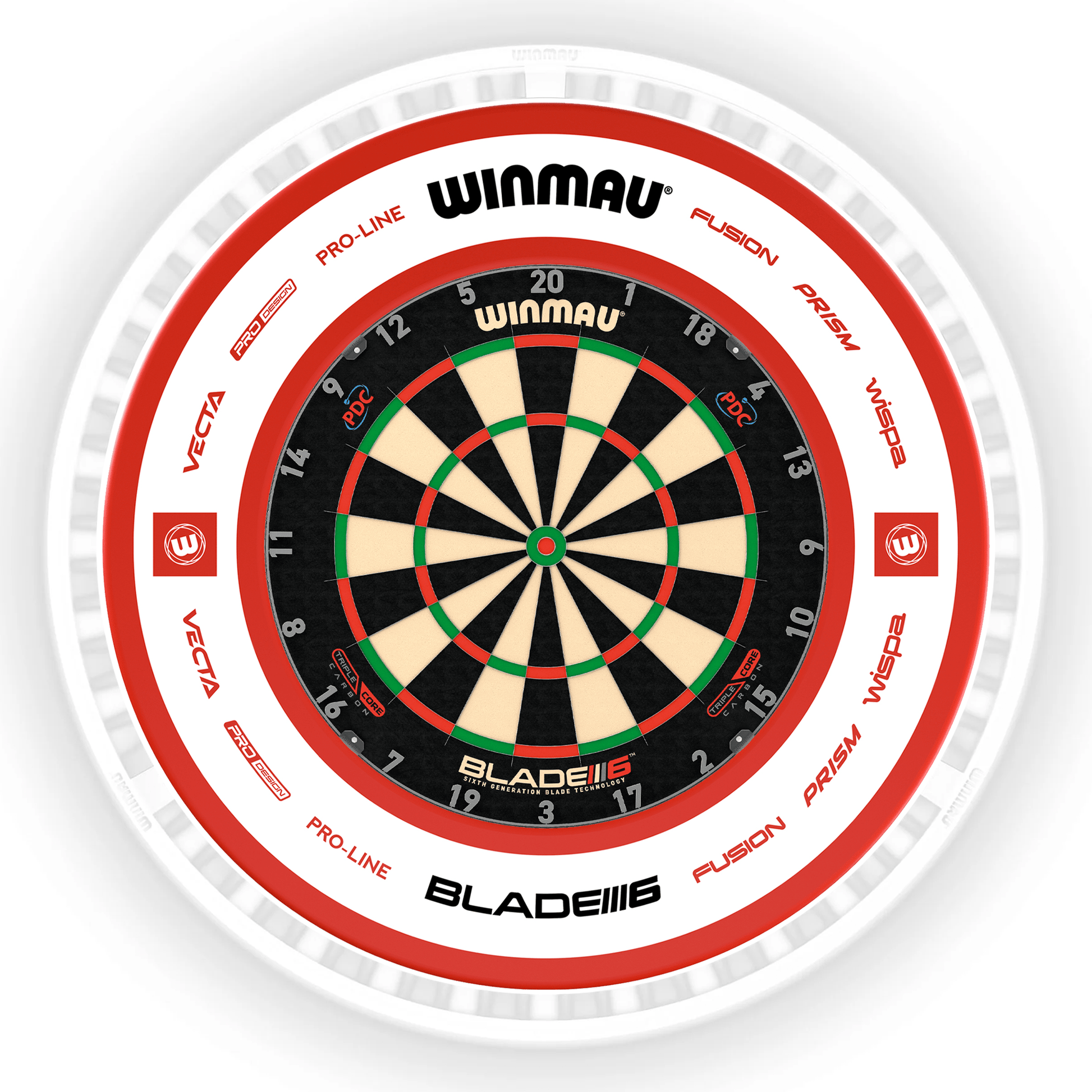 Winmau Blade 6 Dartboard, Surround & Ice White Plasma Light Bundle Blade 6 Triple Core / Pro 2.0 Red / Winmau Plasma Ice White Boards