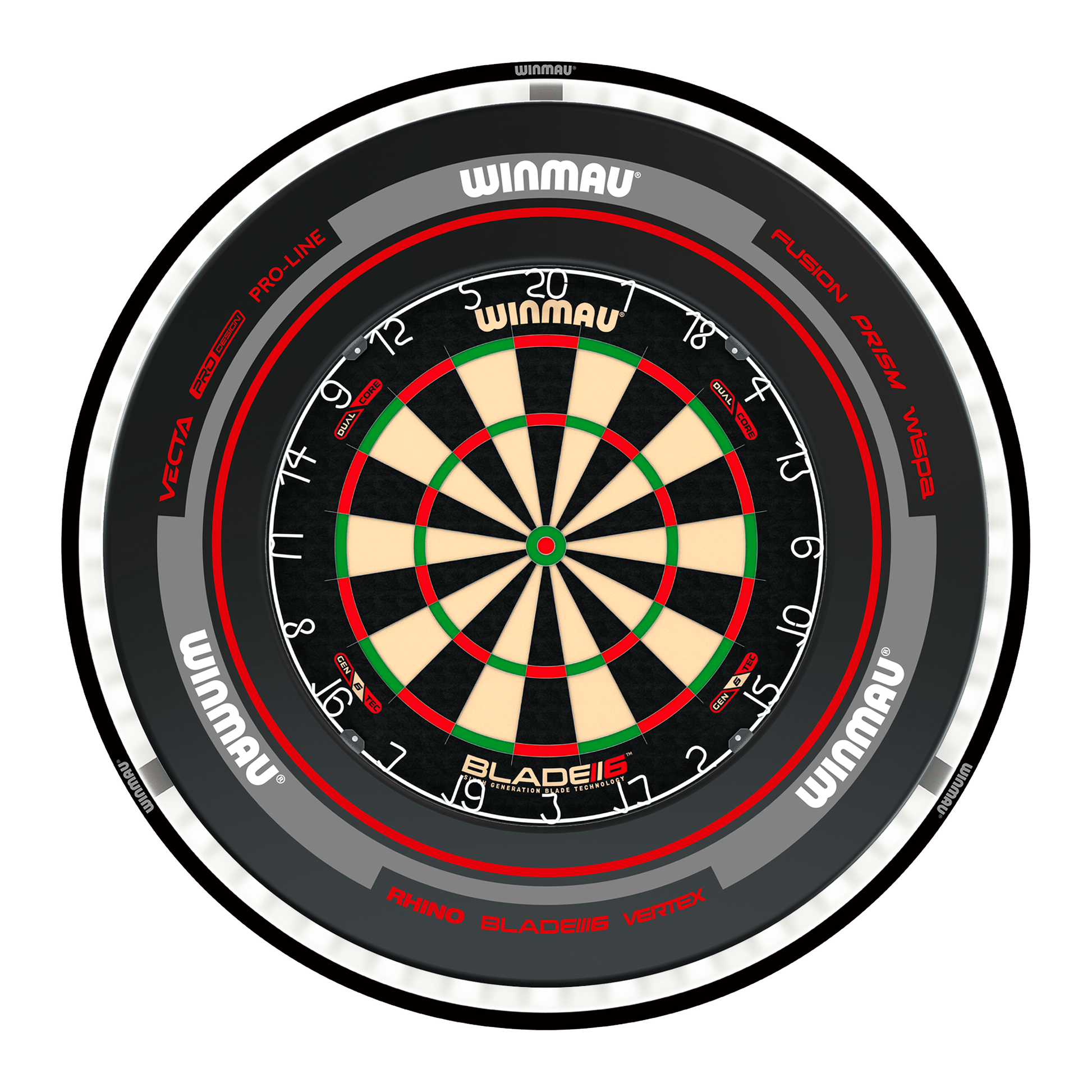 Winmau Blade 6 Dual Core Dartboard, Surround & Black Plasma Light Bundle Blade 6 Dual Core / Advance Black/Red / Winmau Plasma Black Boards