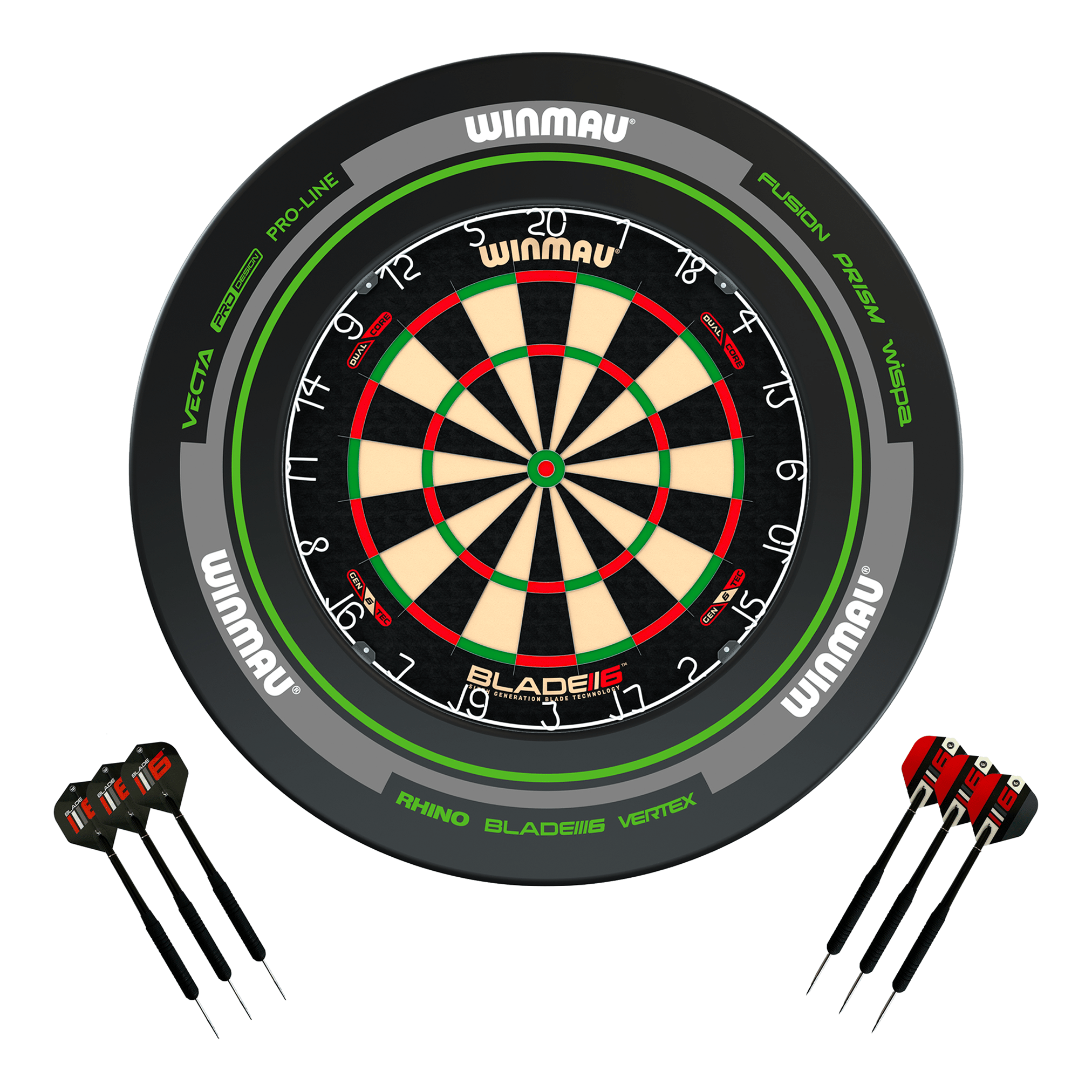 Winmau Blade 6 Dual Core Dartboard, Surround & Darts - Complete Darts Set Blade 6 Dual Core / Advance Black/Green Boards