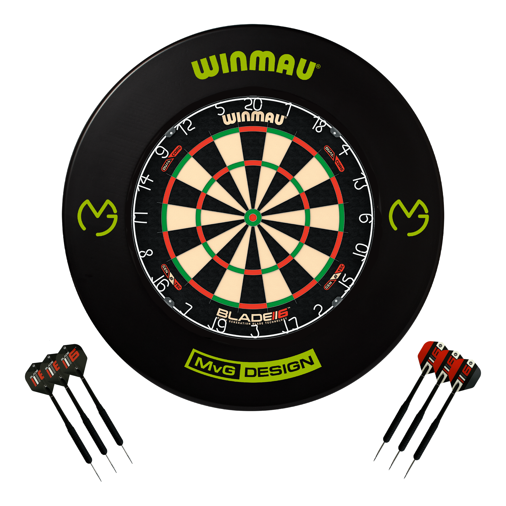 Winmau Blade 6 Dual Core Dartboard, Surround & Darts - Complete Darts Set Blade 6 Dual Core / MvG Boards