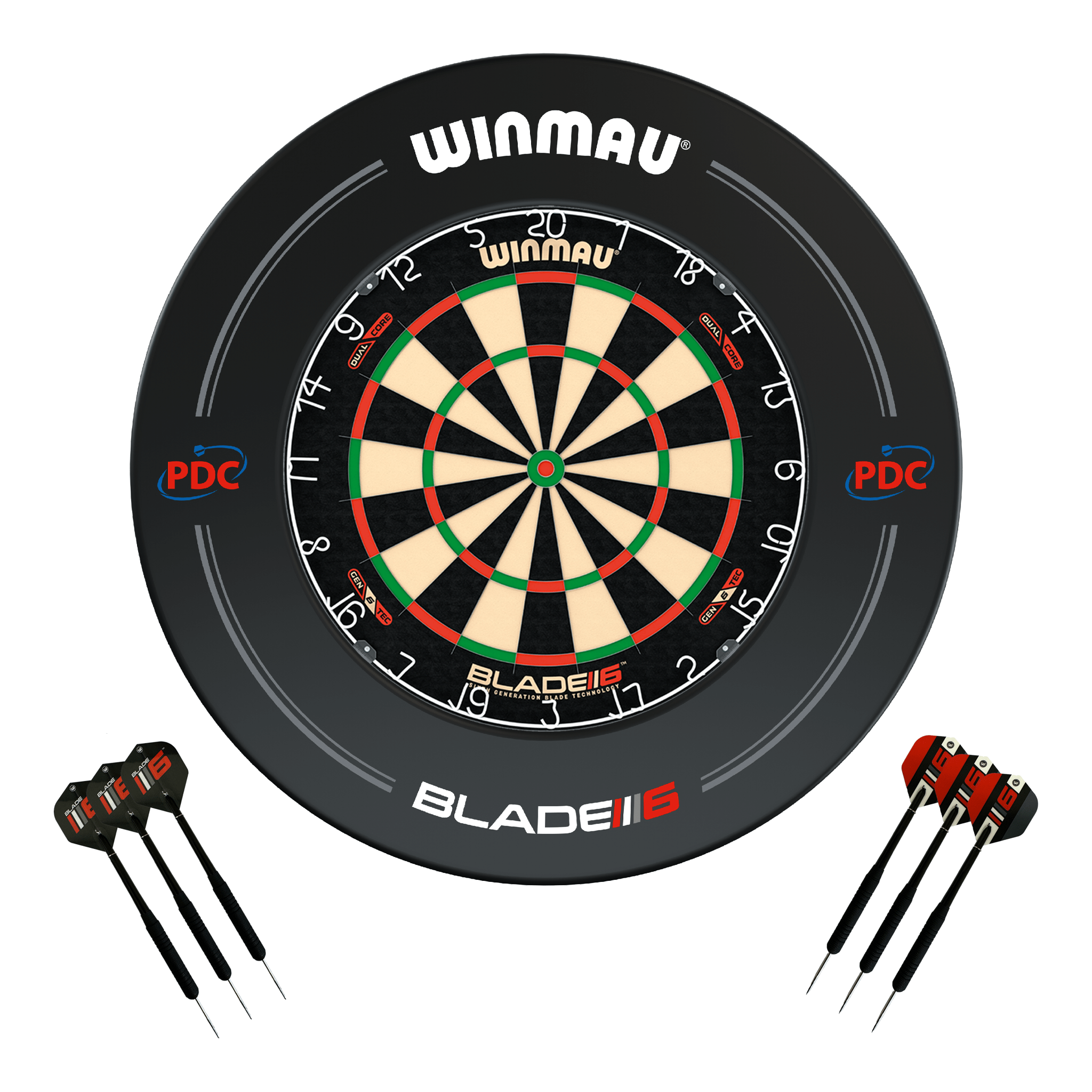 Winmau Blade 6 Dual Core Dartboard, Surround & Darts - Complete Darts Set Blade 6 Dual Core / PDC Black Boards