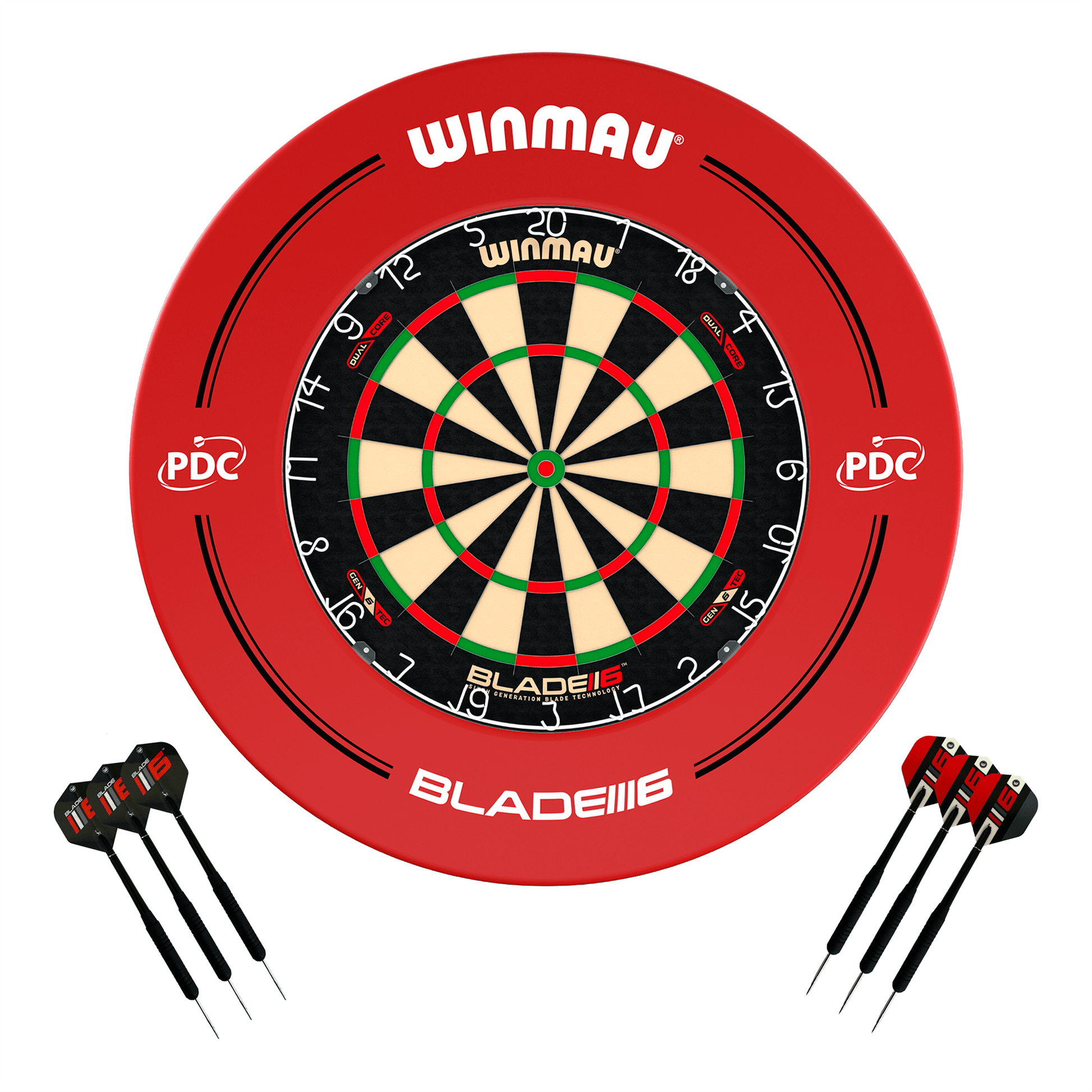 Winmau Blade 6 Dual Core Dartboard, Surround & Darts - Complete Darts Set Blade 6 Dual Core / PDC Red Boards