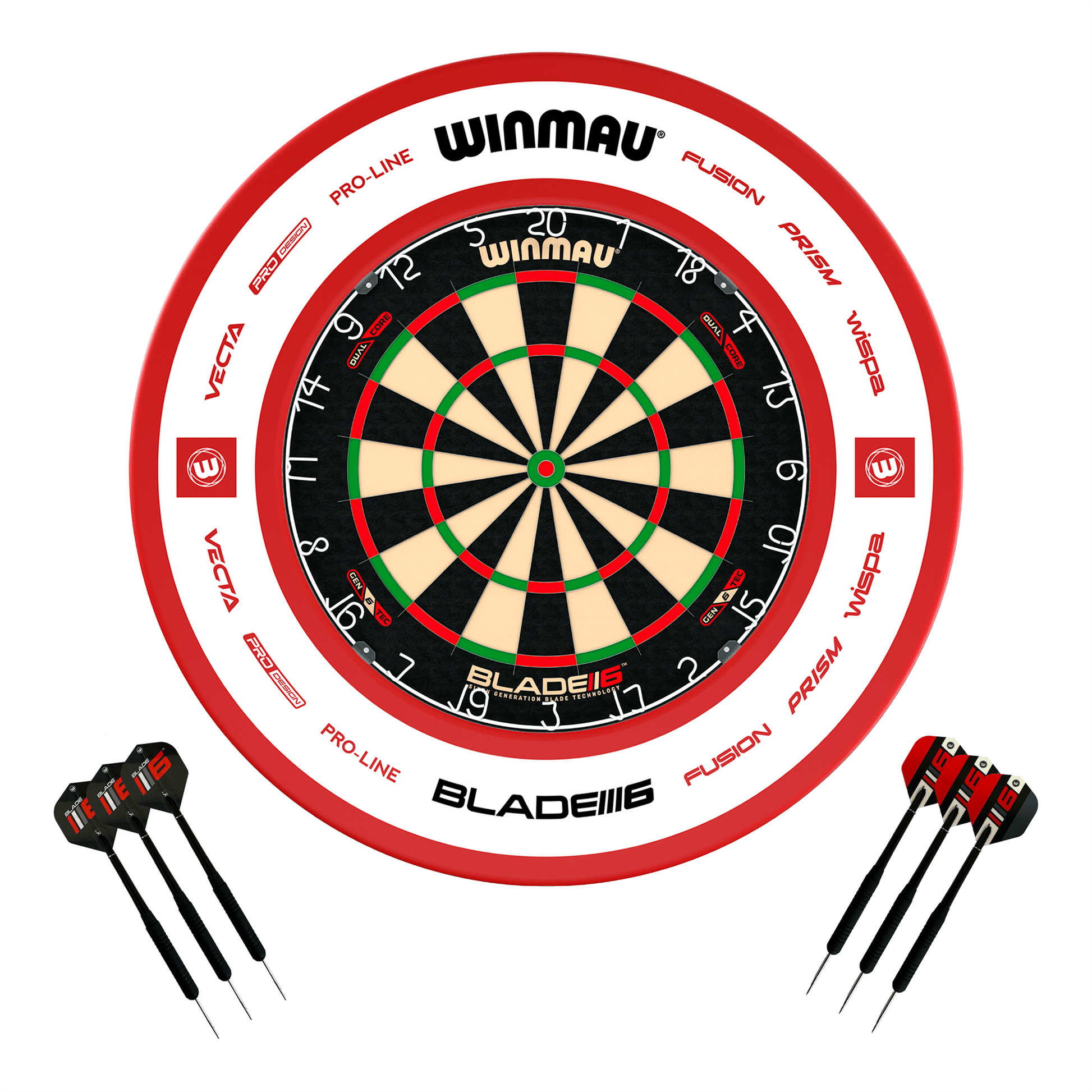 Winmau Blade 6 Dual Core Dartboard, Surround & Darts - Complete Darts Set Blade 6 Dual Core / Pro 2.0 Red Boards