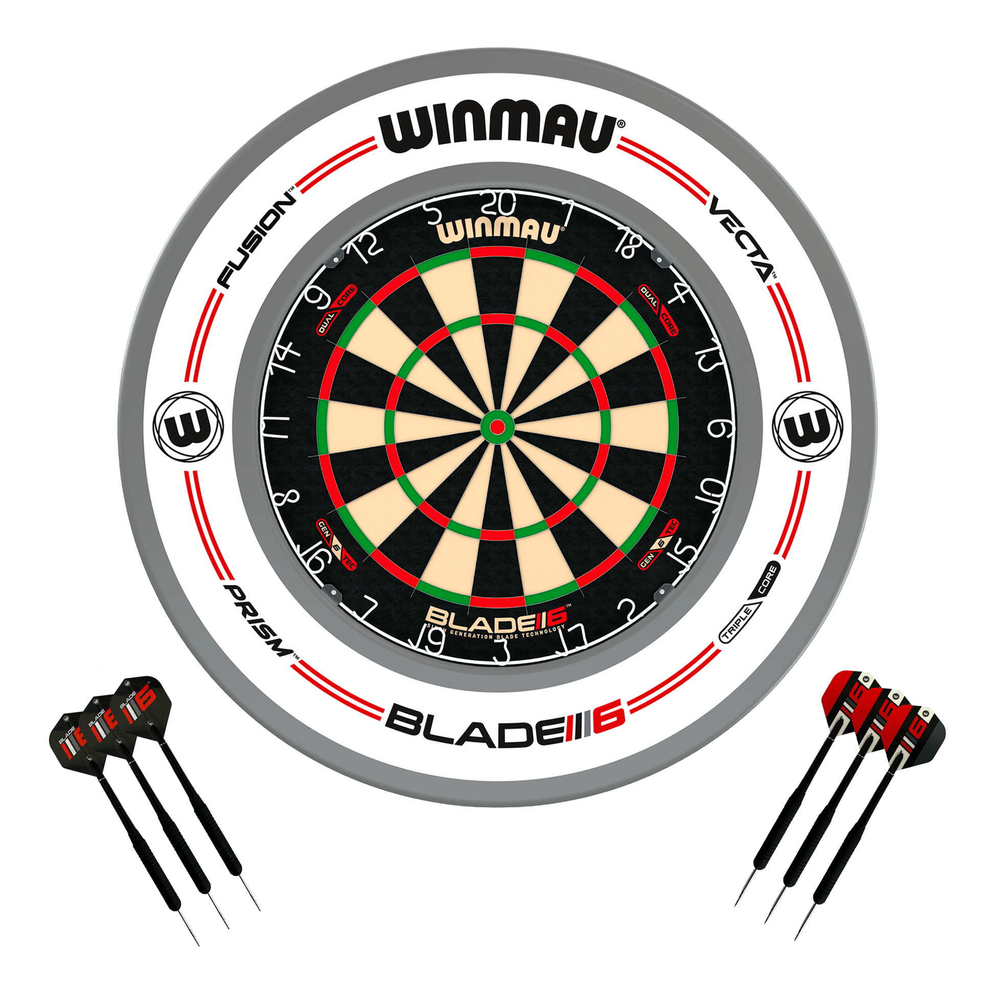 Winmau Blade 6 Dual Core Dartboard, Surround & Darts - Complete Darts Set Blade 6 Dual Core / Pro-Line White Boards