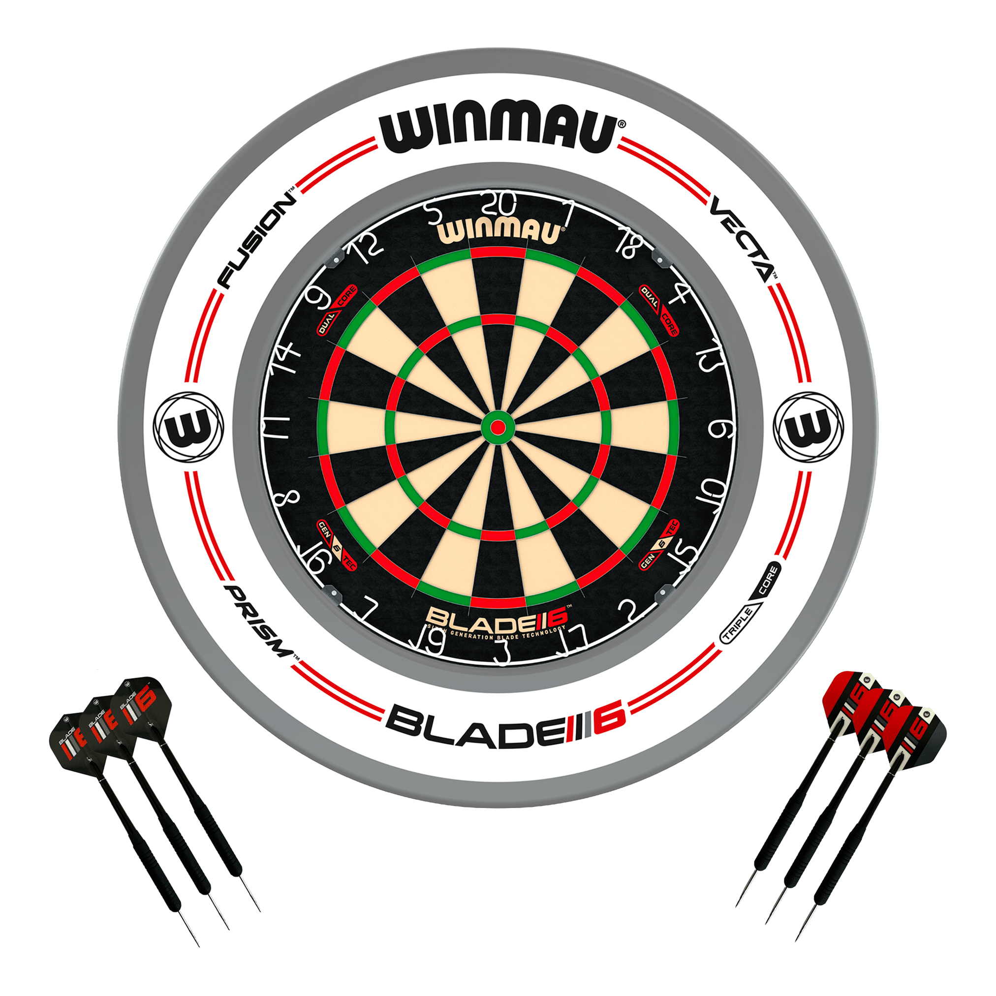Winmau Blade 6 Dual Core Dartboard, Surround & Darts - Complete Darts Set Blade 6 Dual Core / Pro-Line White Boards