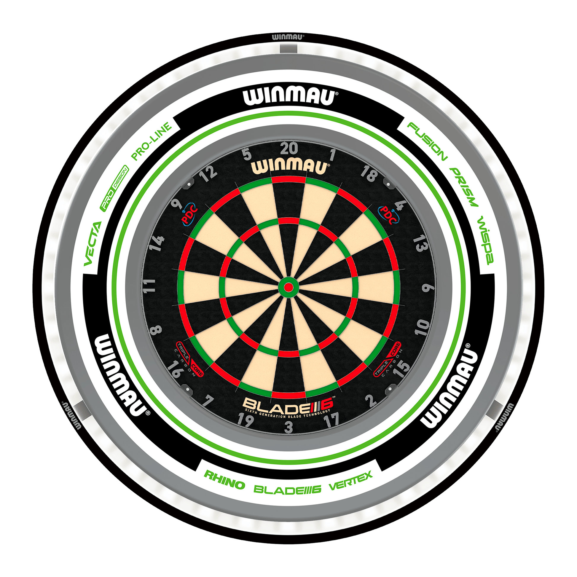 Winmau Blade 6 Triple Core Dartboard, Surround & Black Plasma Light Bundle Blade 6 Triple Core / Advance White/Green / Winmau Plasma Black Boards