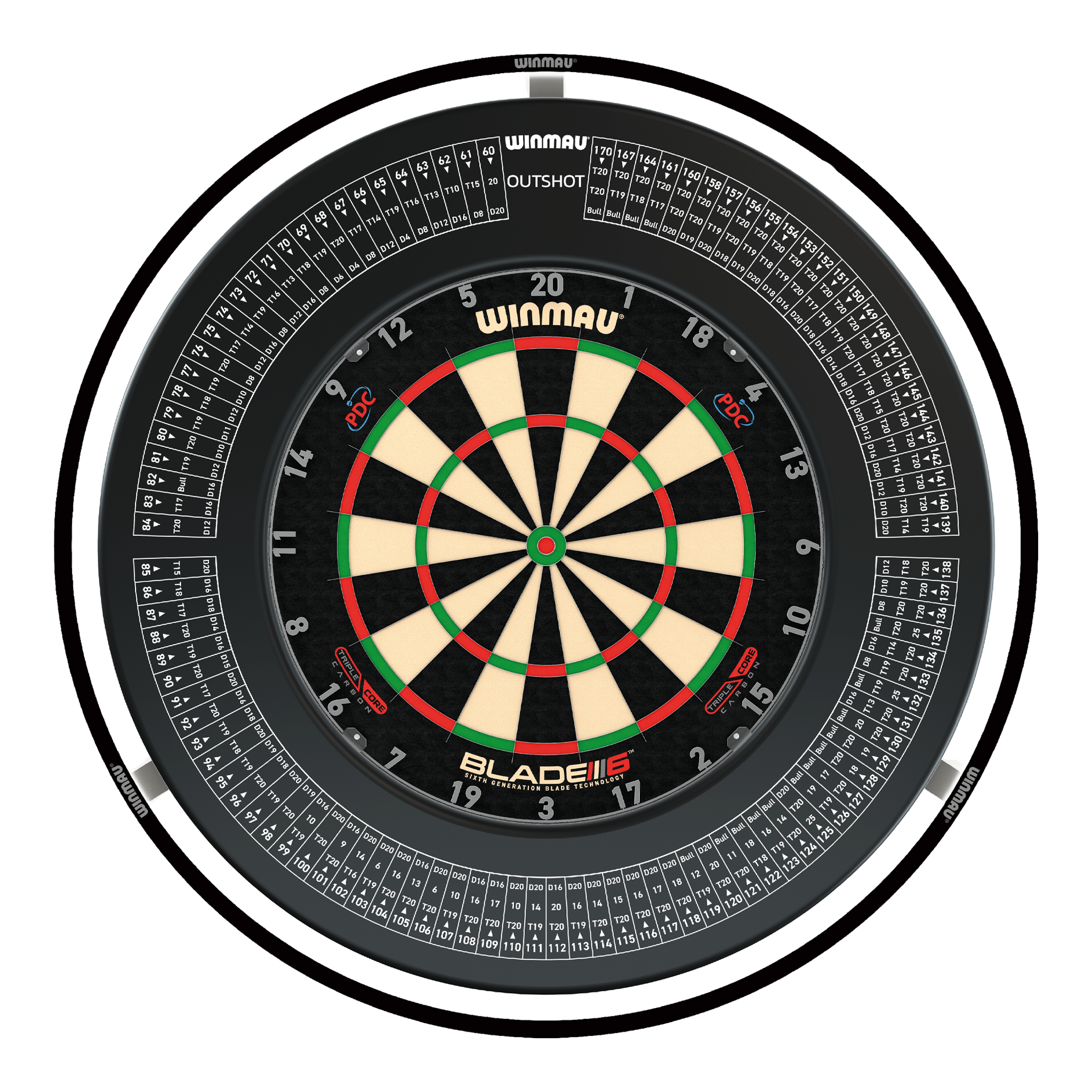 Winmau Blade 6 Triple Core Dartboard, Surround & Black Plasma Light Bundle Blade 6 Triple Core / Out Shot / Winmau Plasma Black Boards