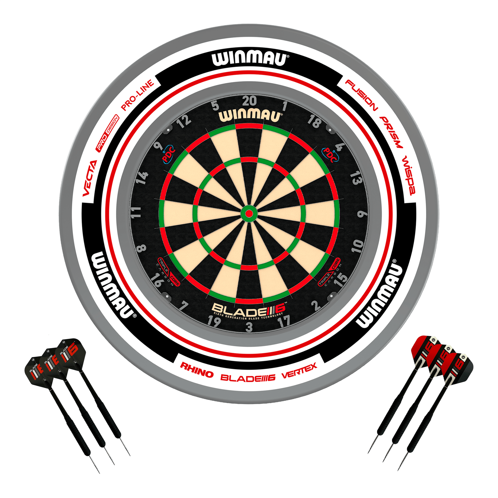 Winmau Blade 6 Triple Core Dartboard, Surround & Darts - Complete Darts Set Blade 6 Triple Core / Advance White/Red Boards