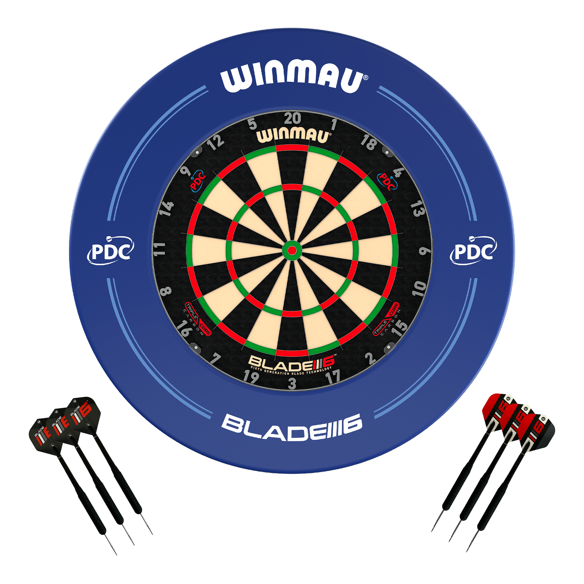 Winmau Blade 6 Triple Core Dartboard, Surround & Darts - Complete Darts Set Blade 6 Triple Core / PDC Blue Boards