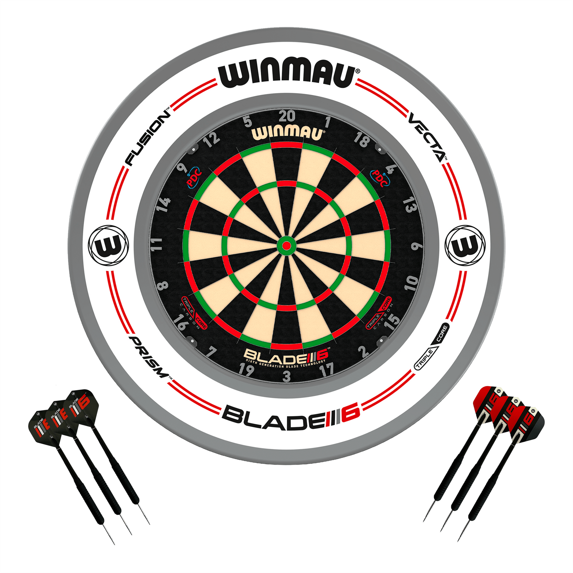 Winmau Blade 6 Triple Core Dartboard, Surround & Darts - Complete Darts Set Blade 6 Triple Core / Pro-Line White Boards